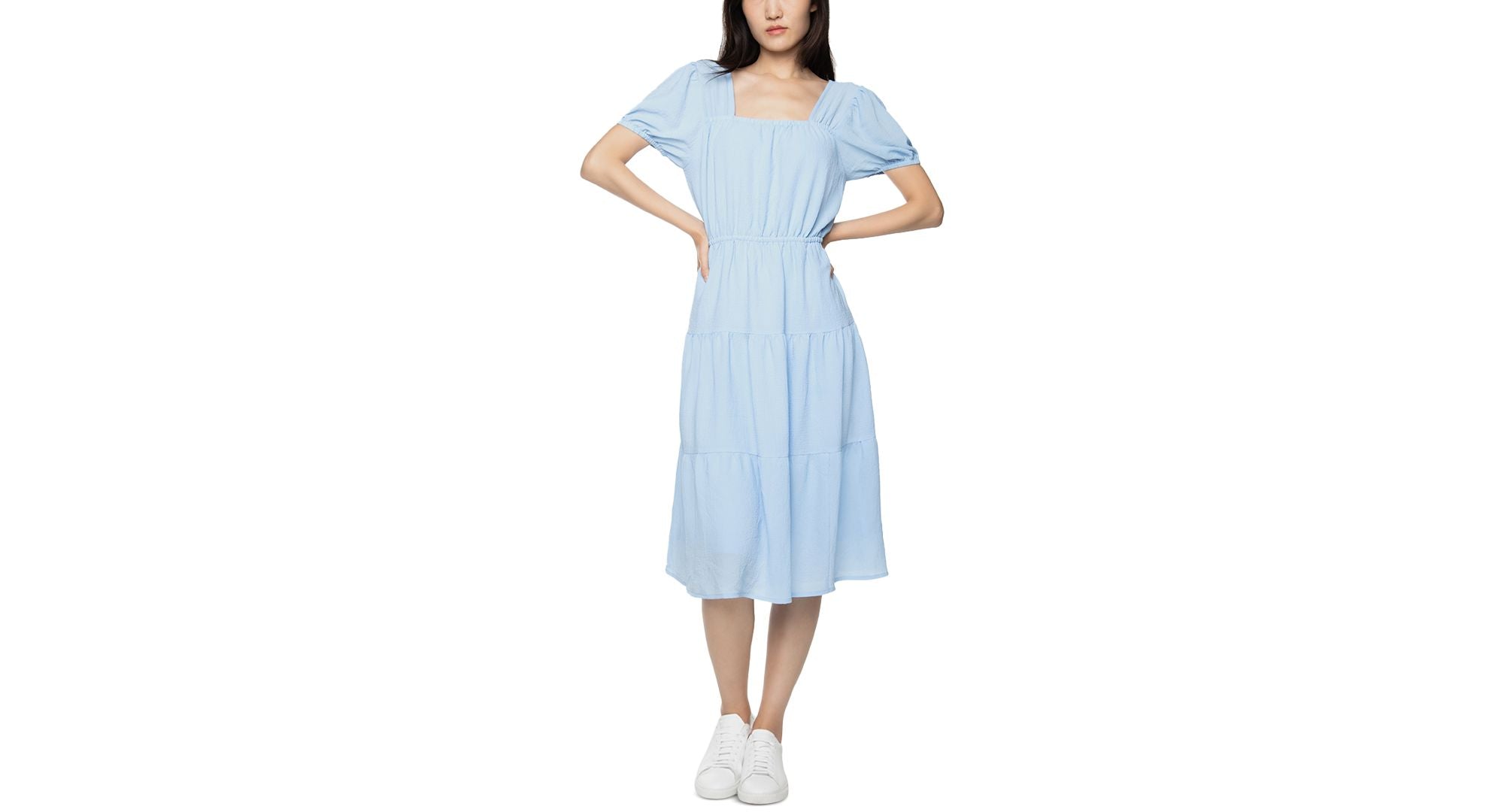 Black Tape Puff-Sleeve Tiered Flounce Midi Dress