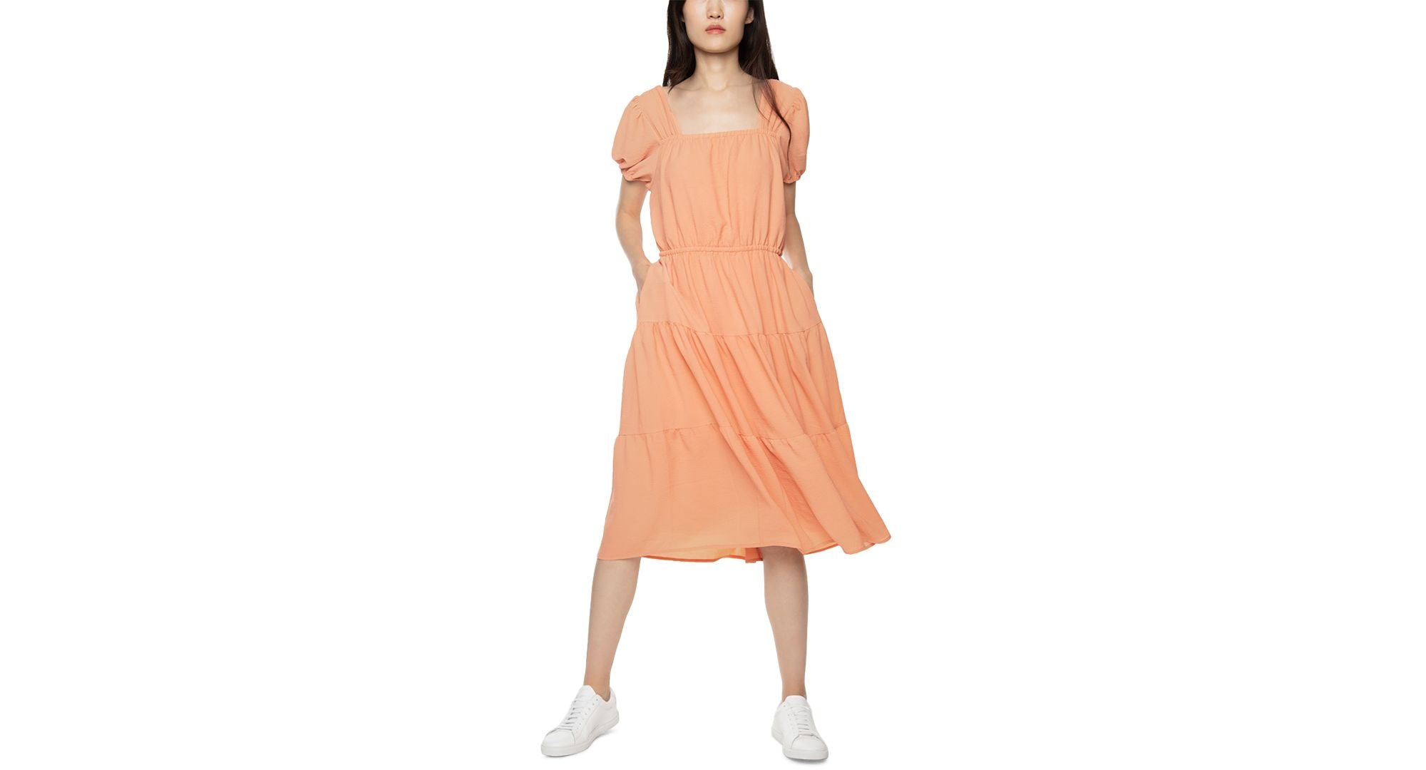 Black Tape Puff-Sleeve Tiered Flounce Midi Dress