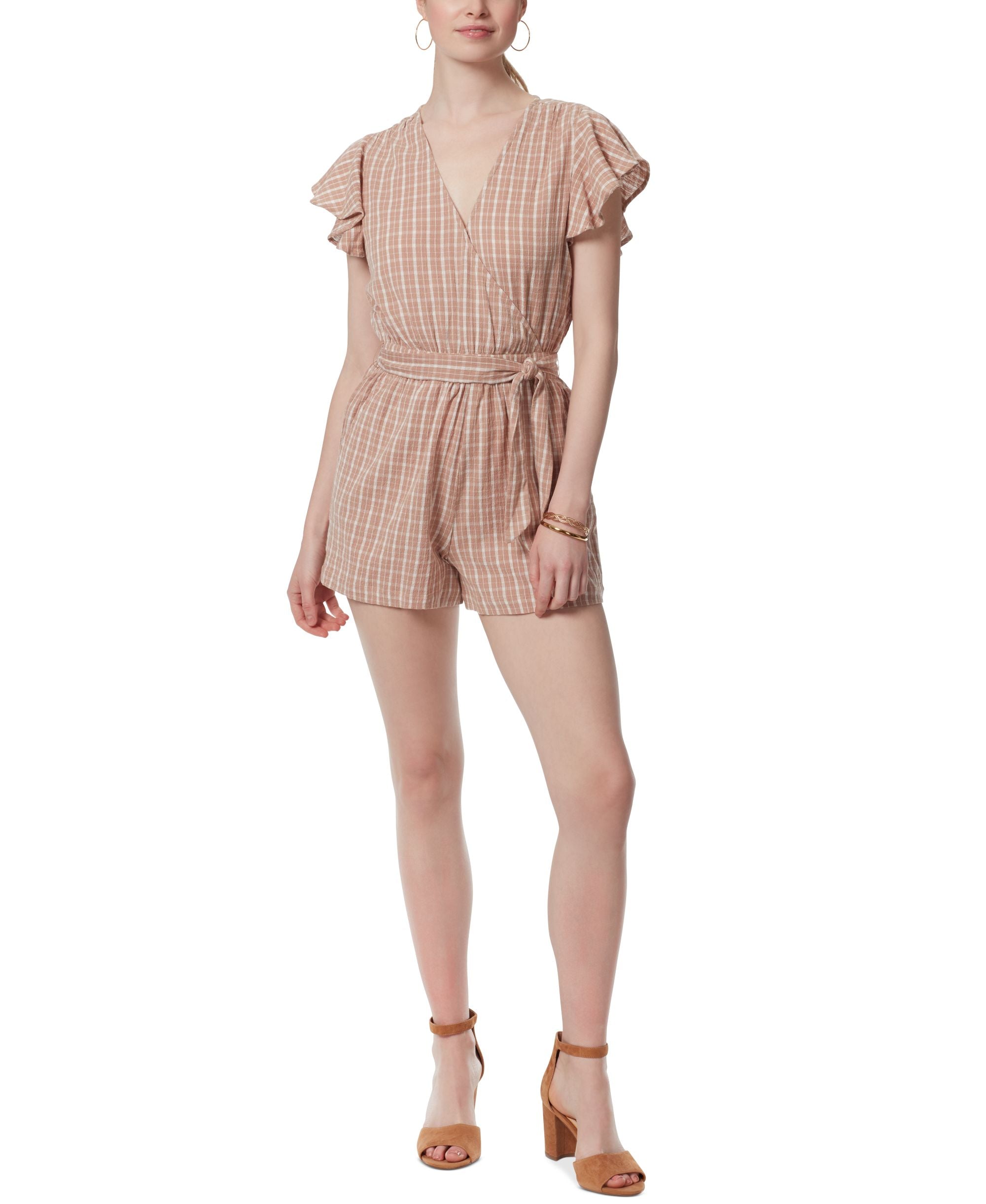 Jessica Simpson Womens Ilona Printed Flutter-Sleeve Tie-Waist Romper