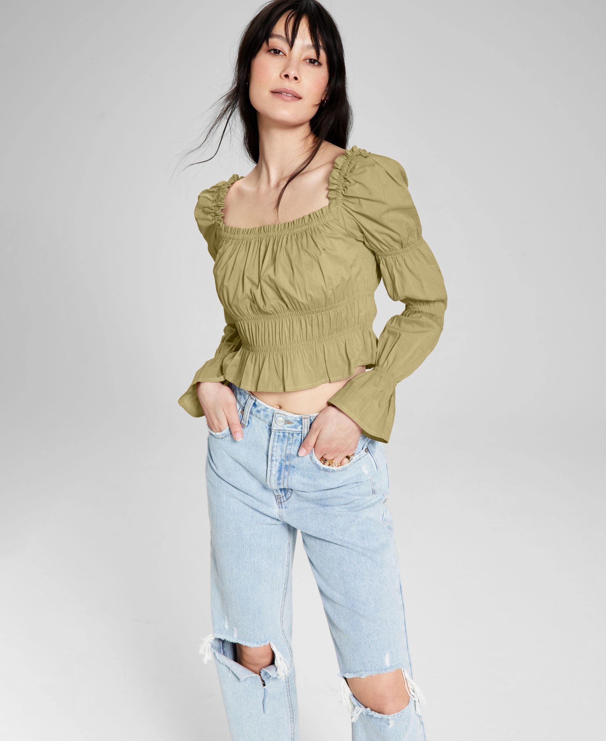 Now This Womens Cotton Ruched Puff-Sleeve Premium Top