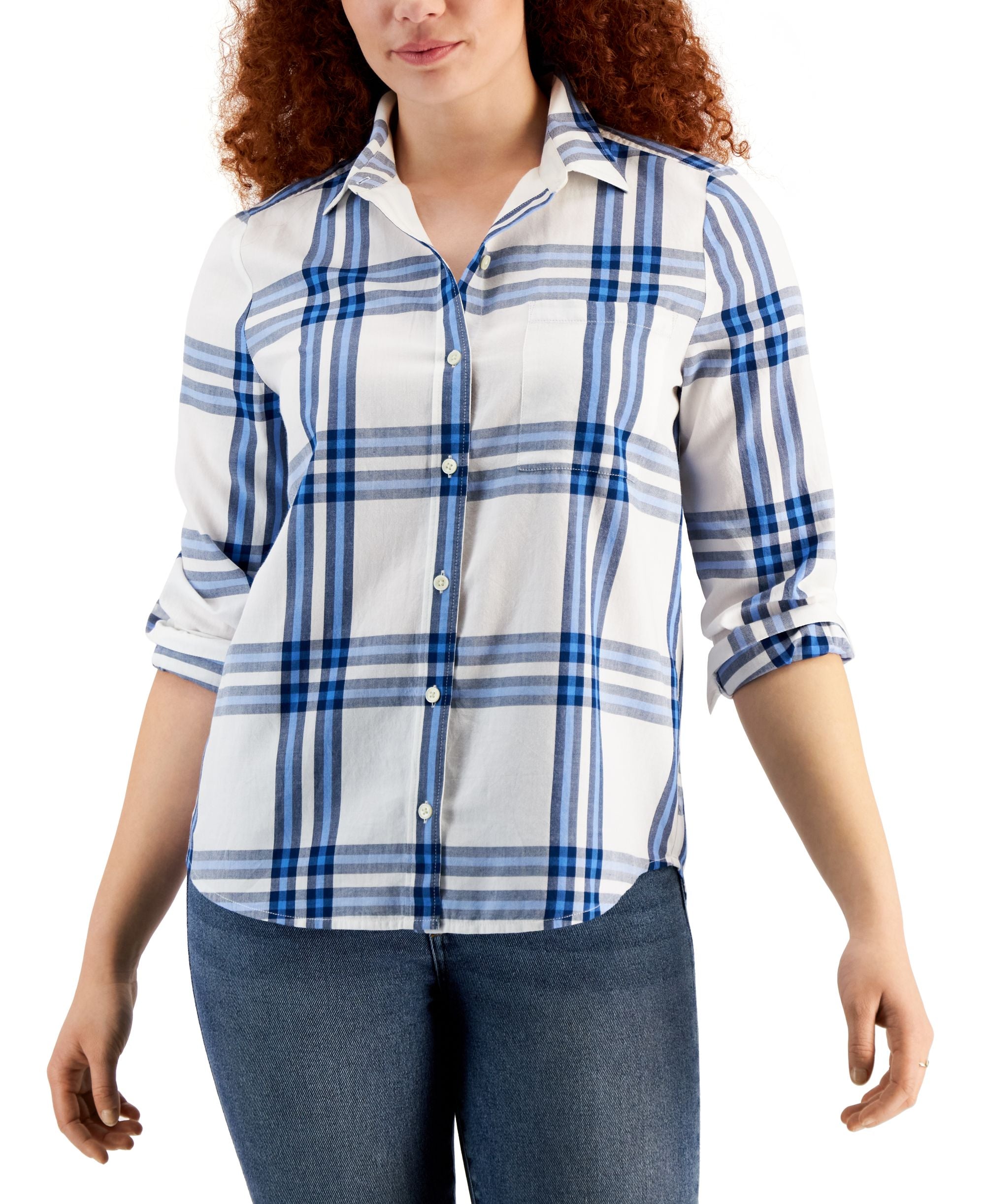 Style & Co Womens Cotton Plaid Button-Front Modern Shirt