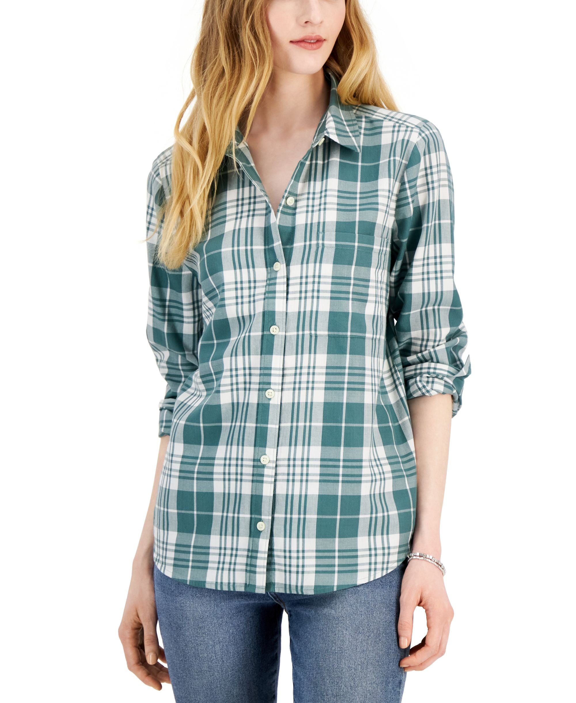 Style & Co Womens Cotton Plaid Button-Front Modern Shirt