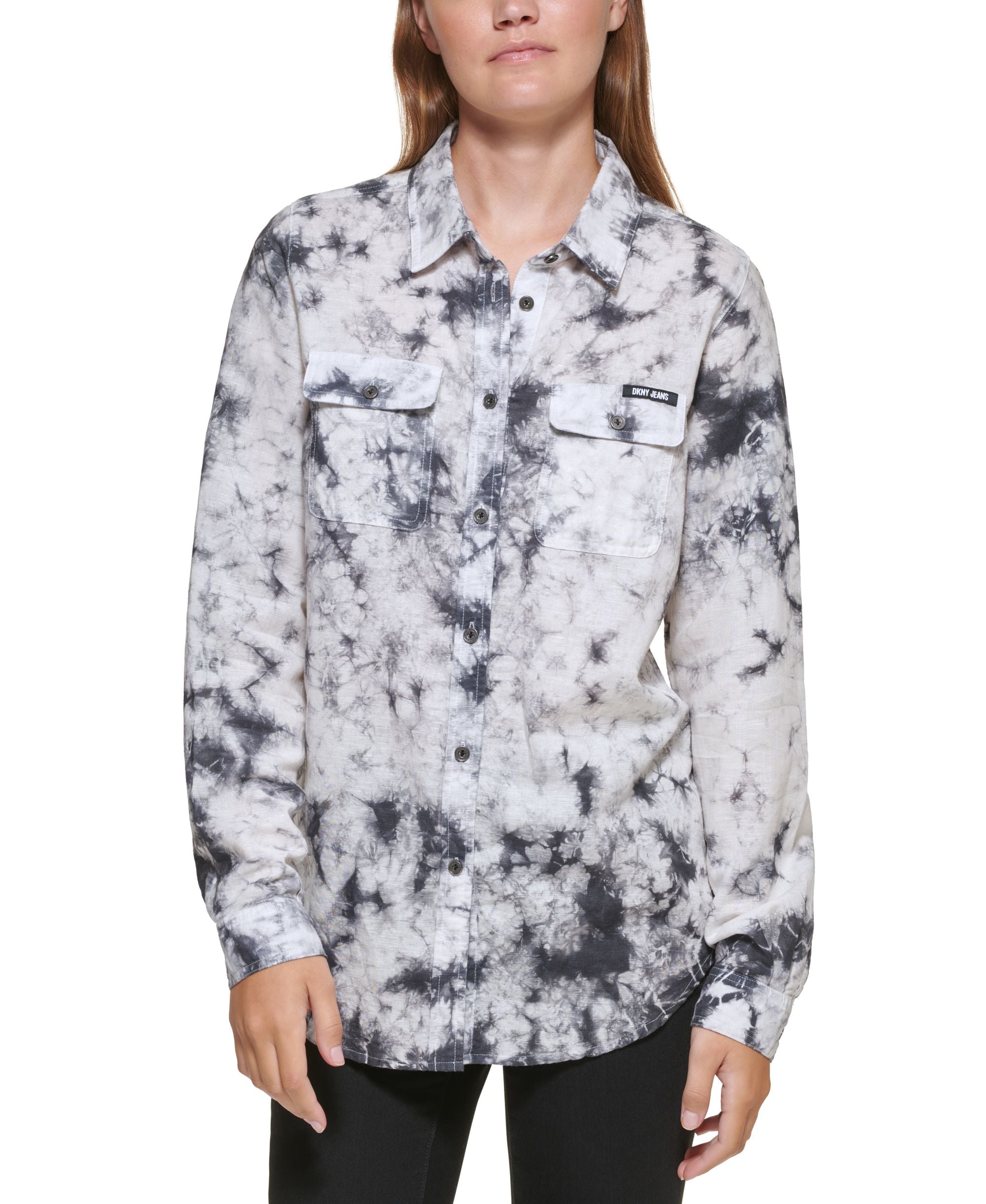 DKNY Premium Jeans Womens Linen-Blend Blend Printed Button-Down Premium Top