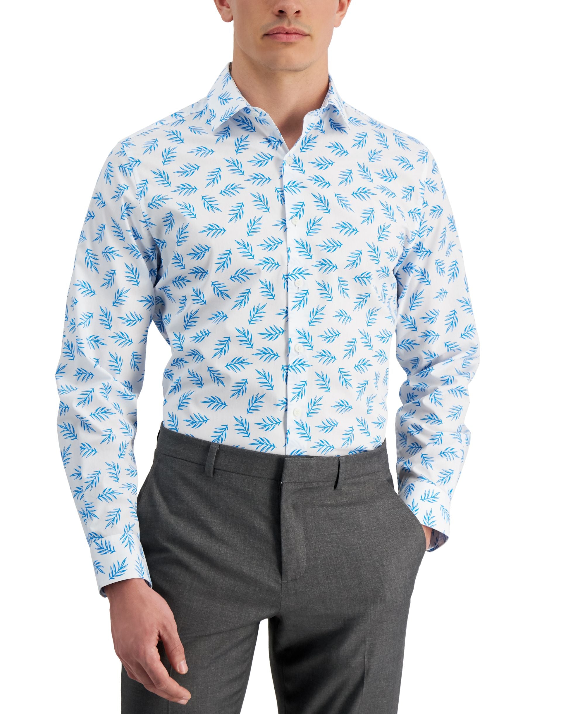 Bar III Mens Slim-Cut Fit Leaf Print Dress Modern Shirt