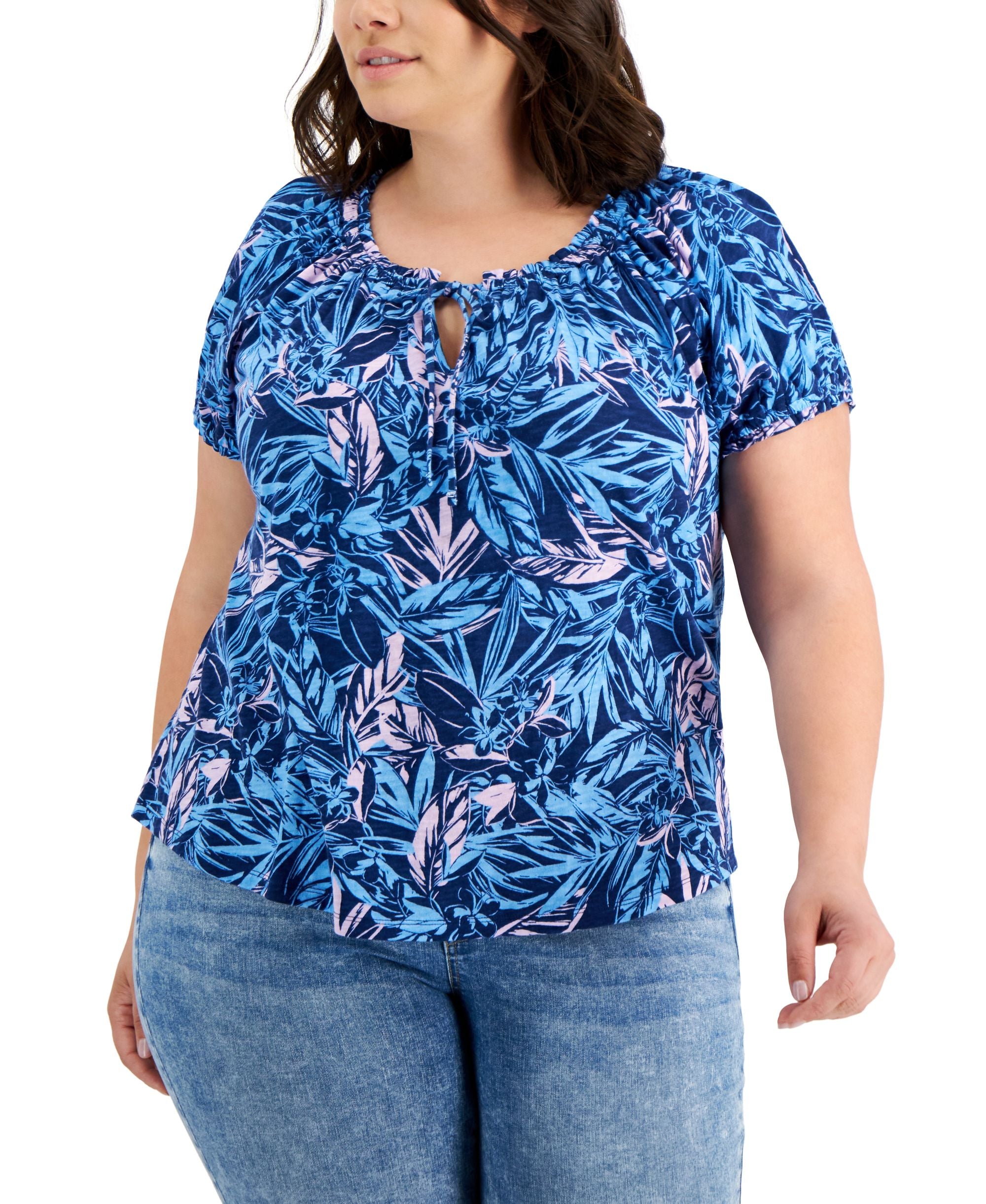 Style & Co Plus Size Printed Puff-Sleeve Premium Top
