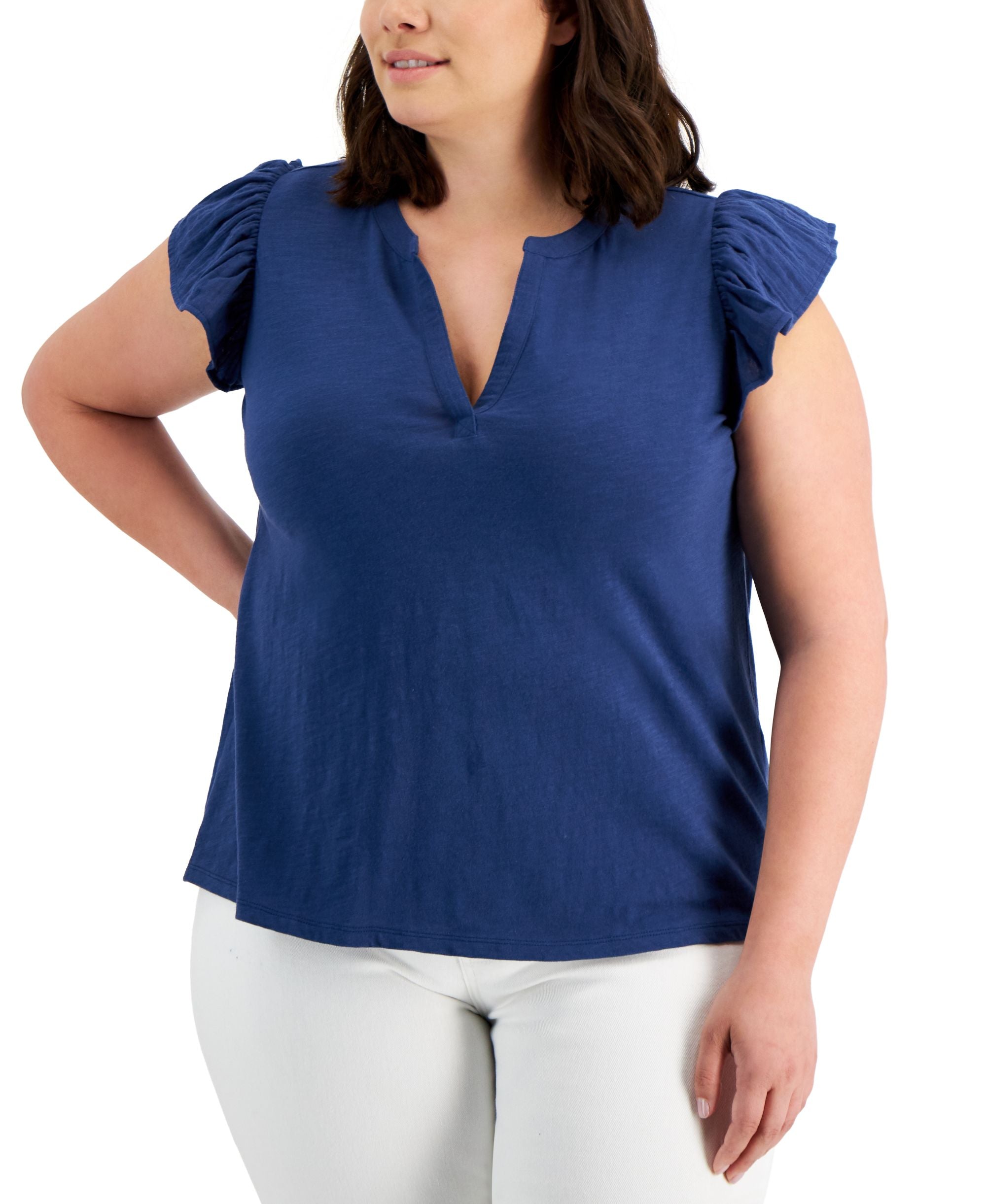 Style & Co Plus Size Cotton Flutter-Sleeve Premium Top