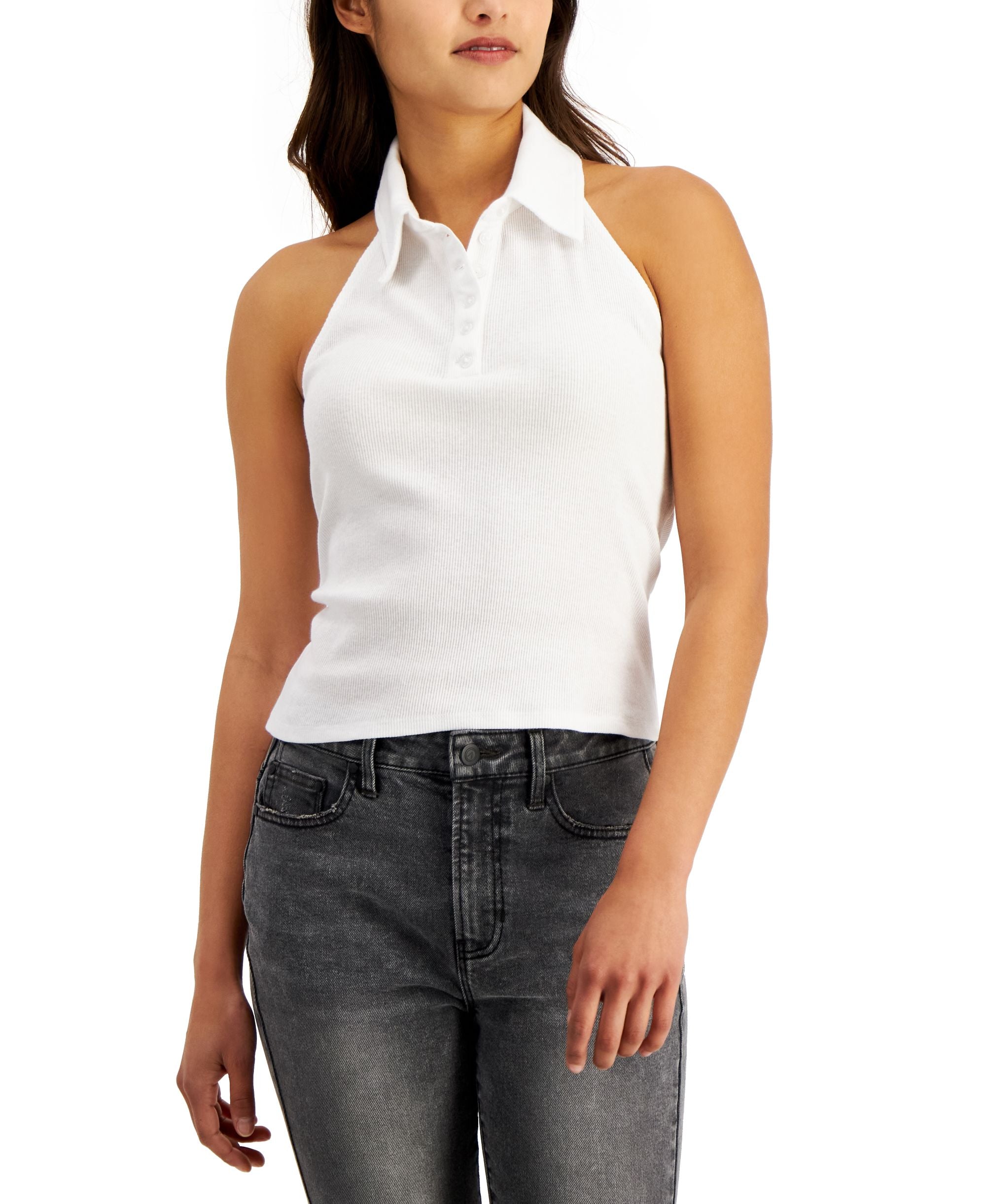 Juniors' Halter Ribbed Polo Tank Premium Top