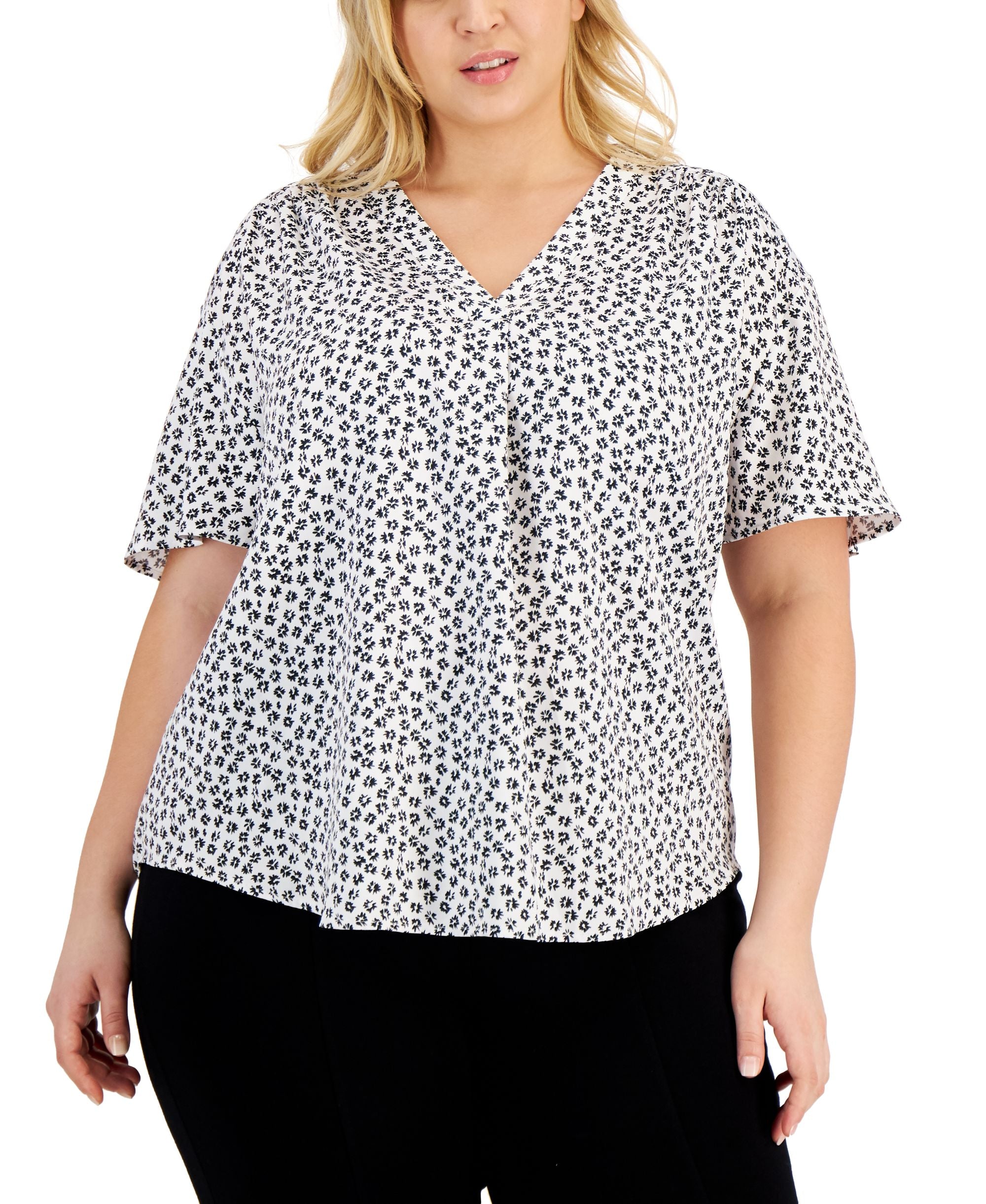 Alfani Plus Size Printed Shirred V Neck Premium Top