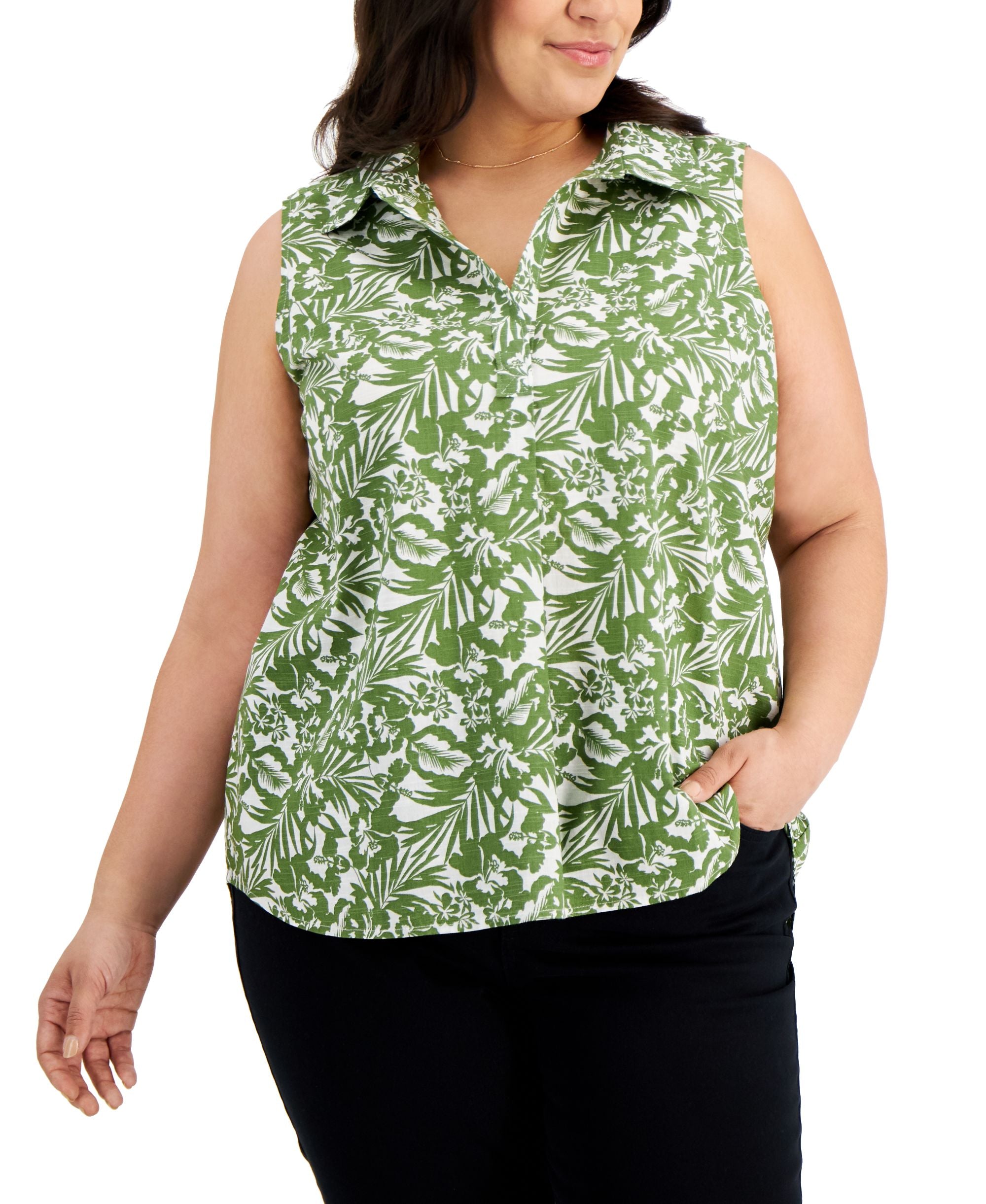 Style & Co Plus Size Barbados Blooms Printed Sleeveless Cotton Premium Top