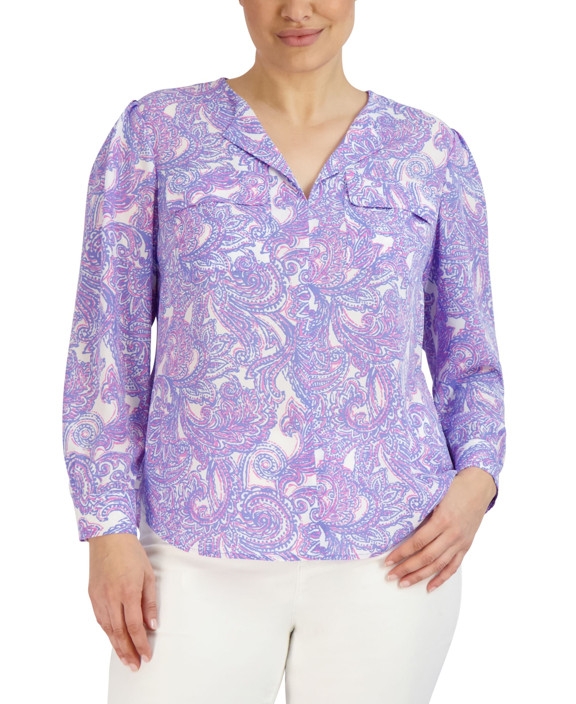 Jones New York Plus Size Paisley Print Simplified Utility Signature Blouse