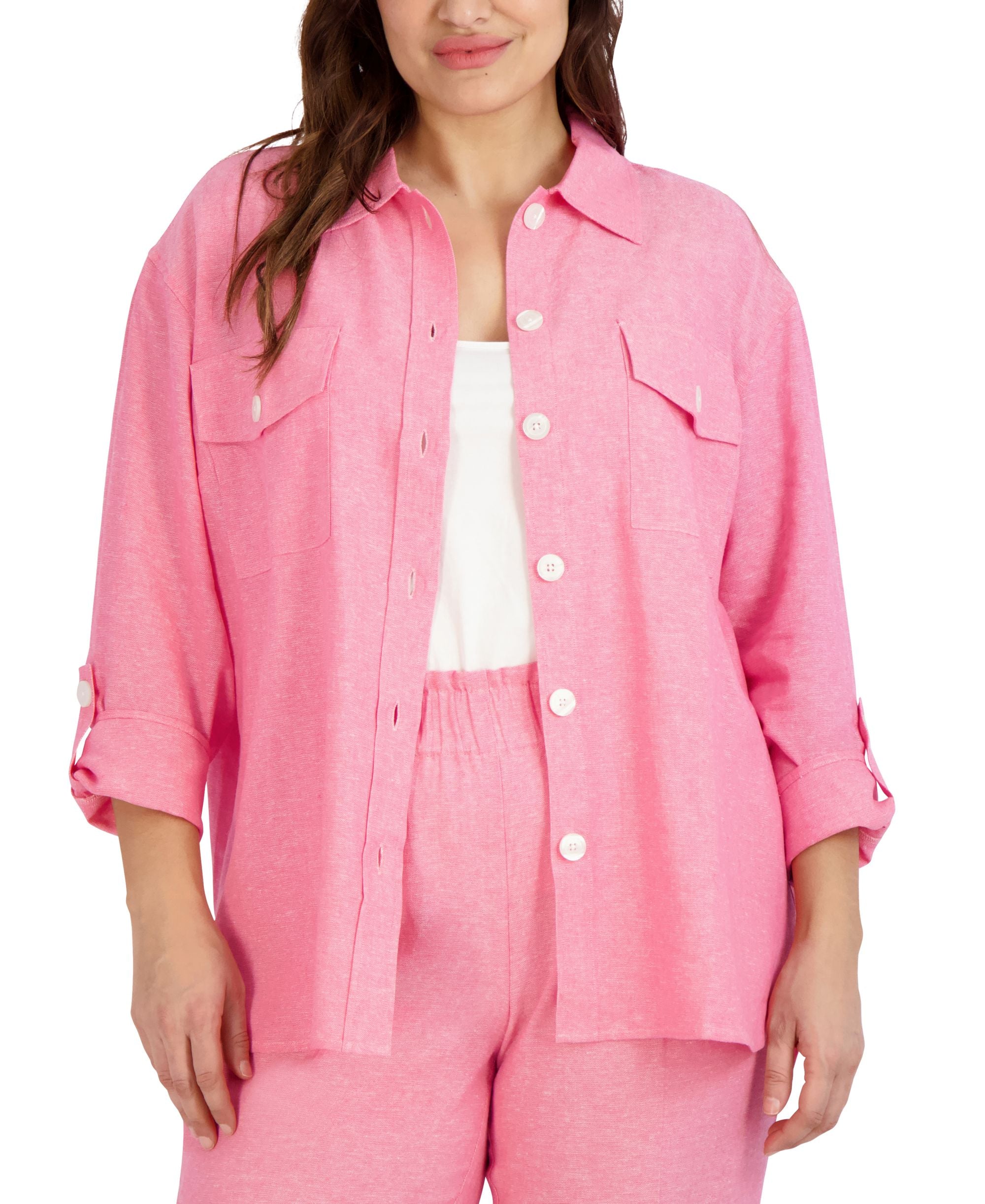 Jones New York Plus Size Oversized Button-Down Linen-Blend Shacket