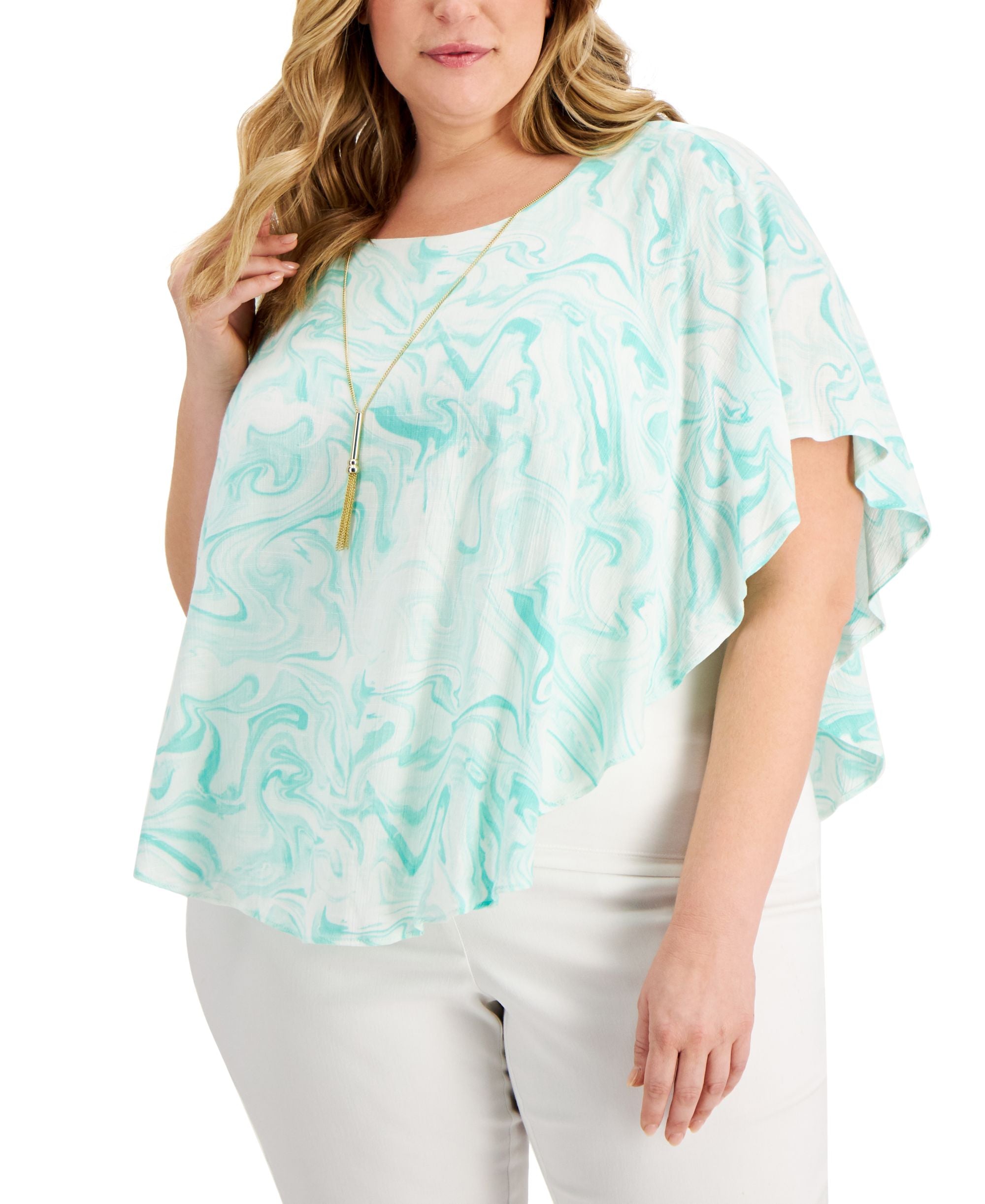 JM Collection Plus Size Printed Necklace Poncho Premium Top