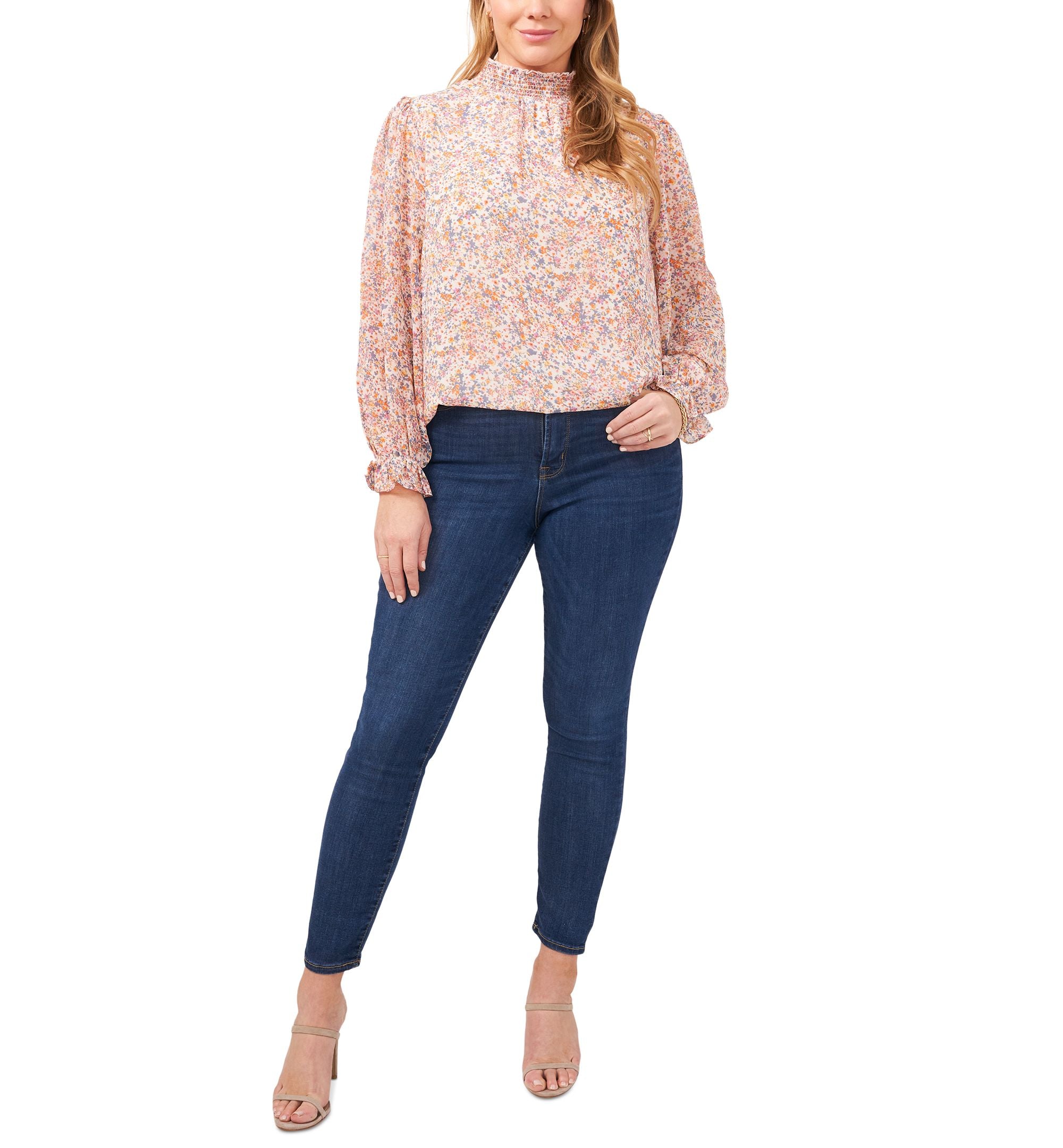 1.State Modern Plus Size Floral Print Smocked Neck Signature Blouse