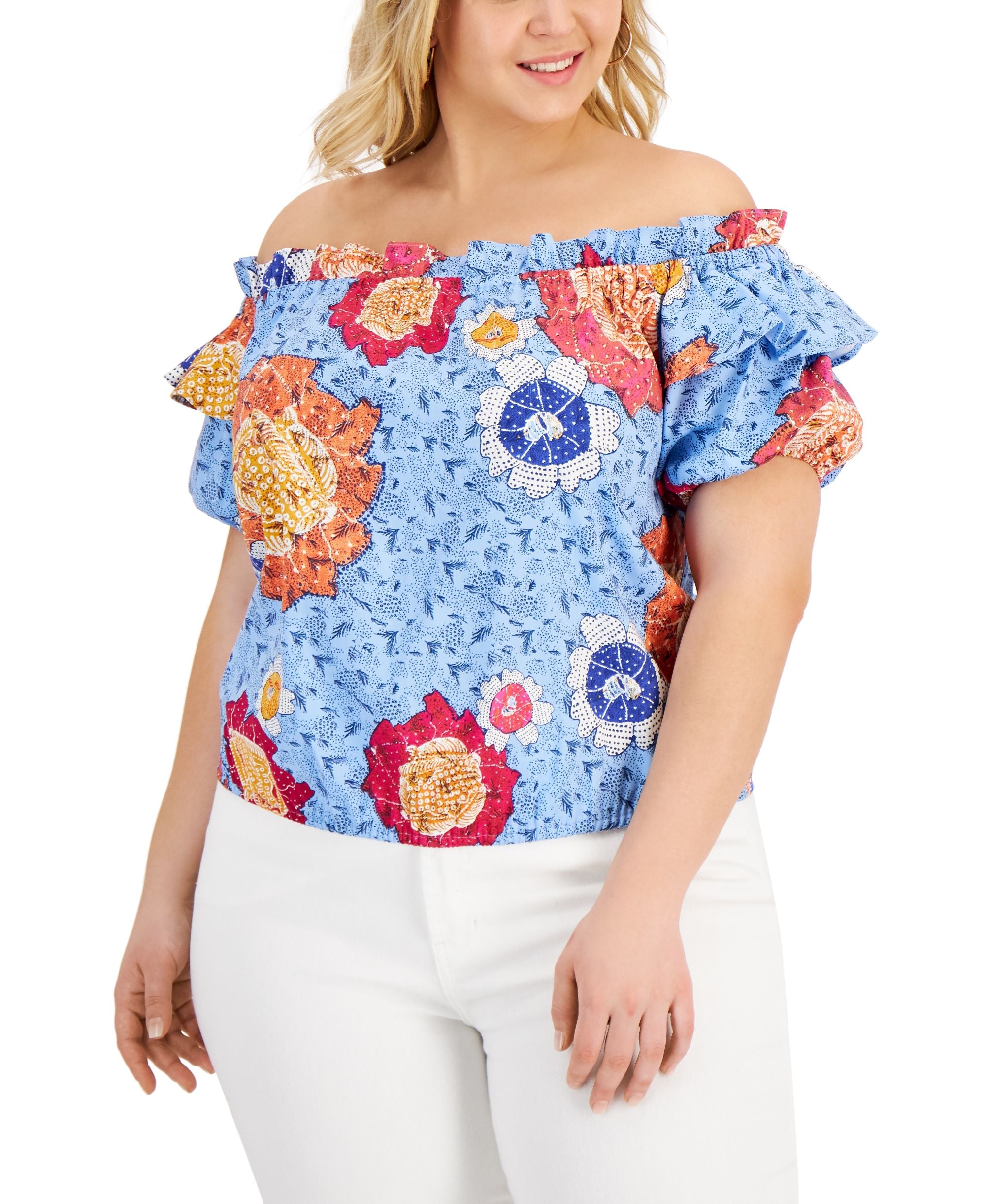 Inc International Concepts Plus Size Cotton Off-The-Shoulder Premium Top