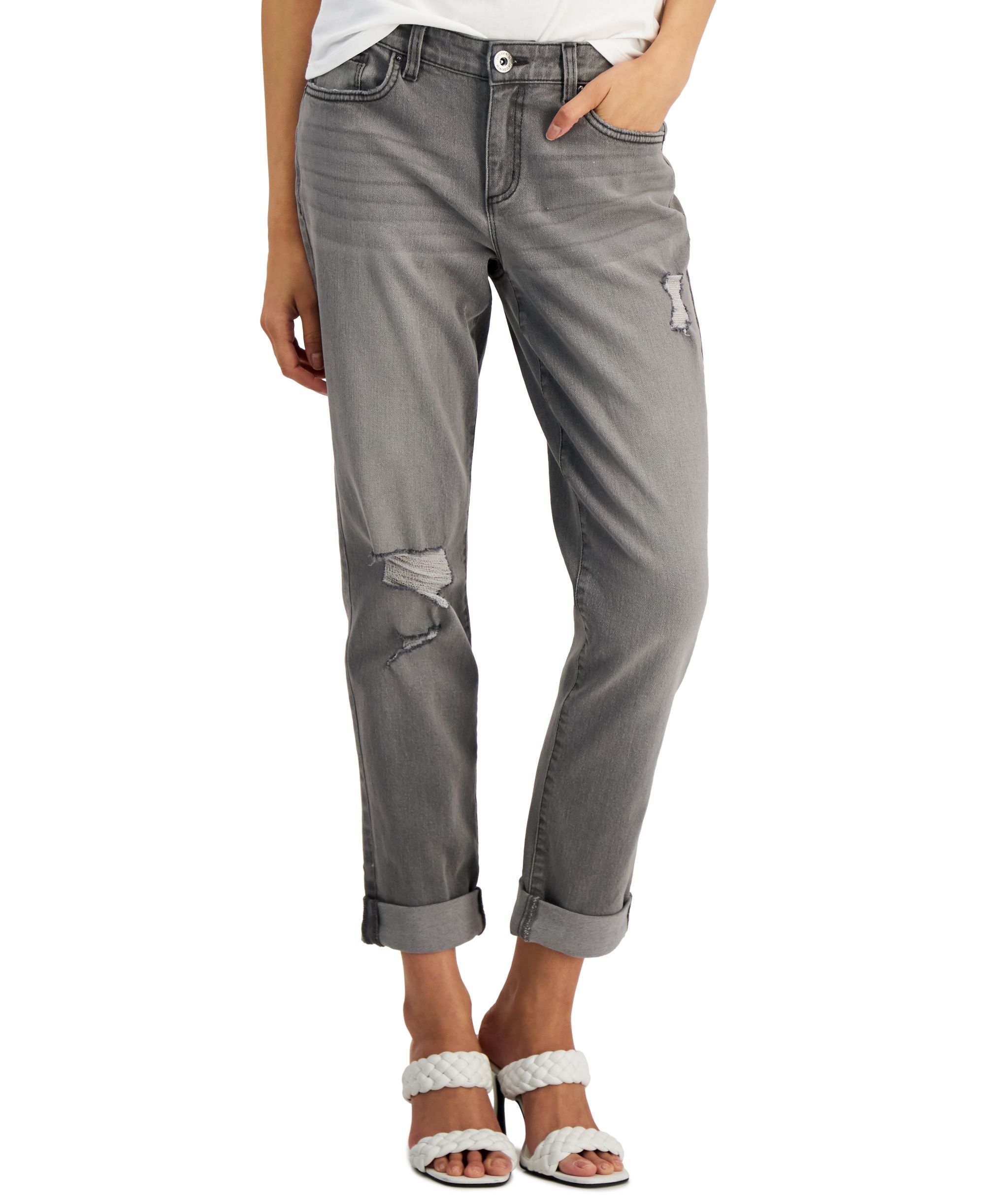 INC International Concepts Womens Mid Rise Ripped Straight-Cut Premium Jeans