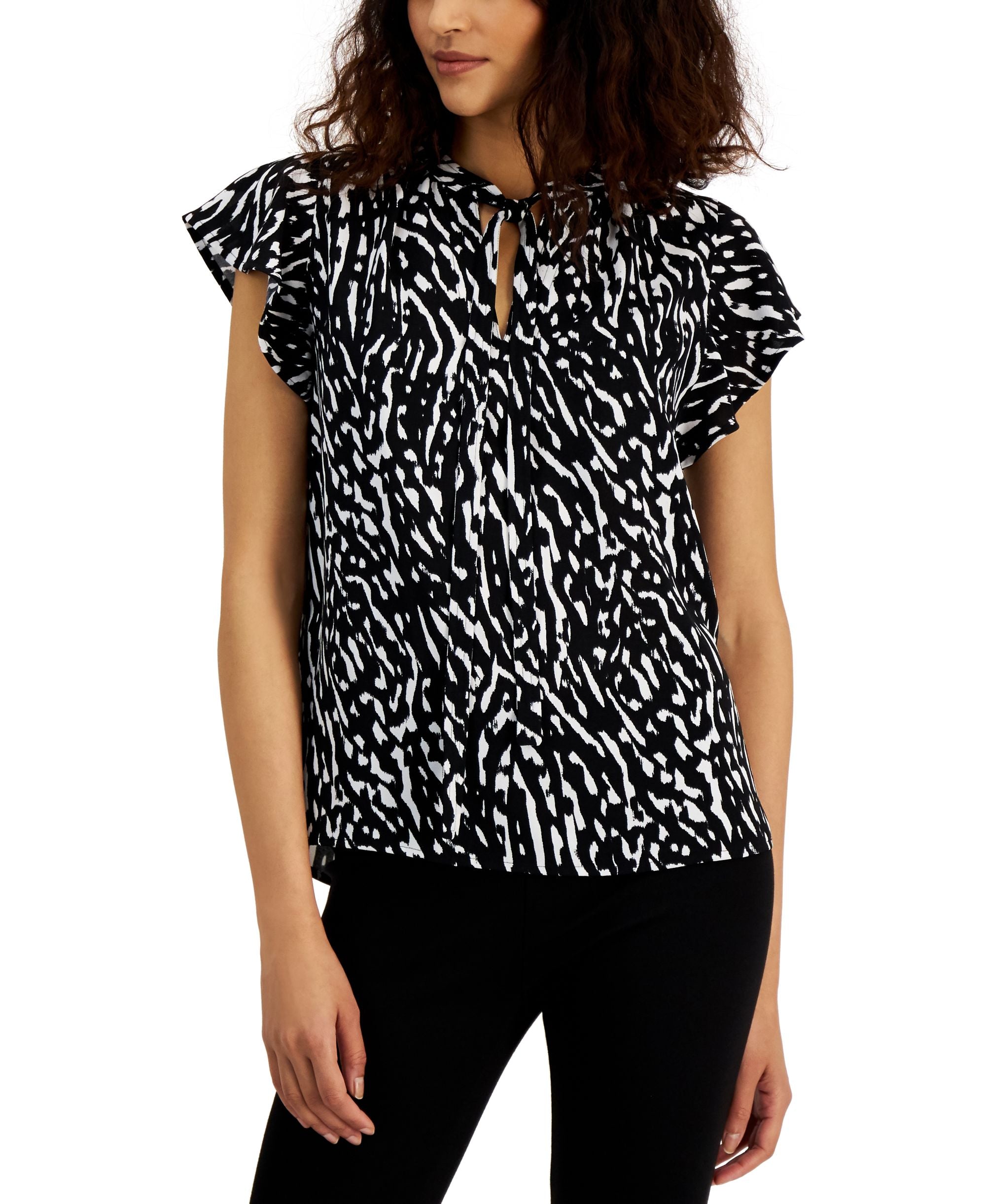 Alfani Womens Tie Neck Flutter-Sleeve Premium Top