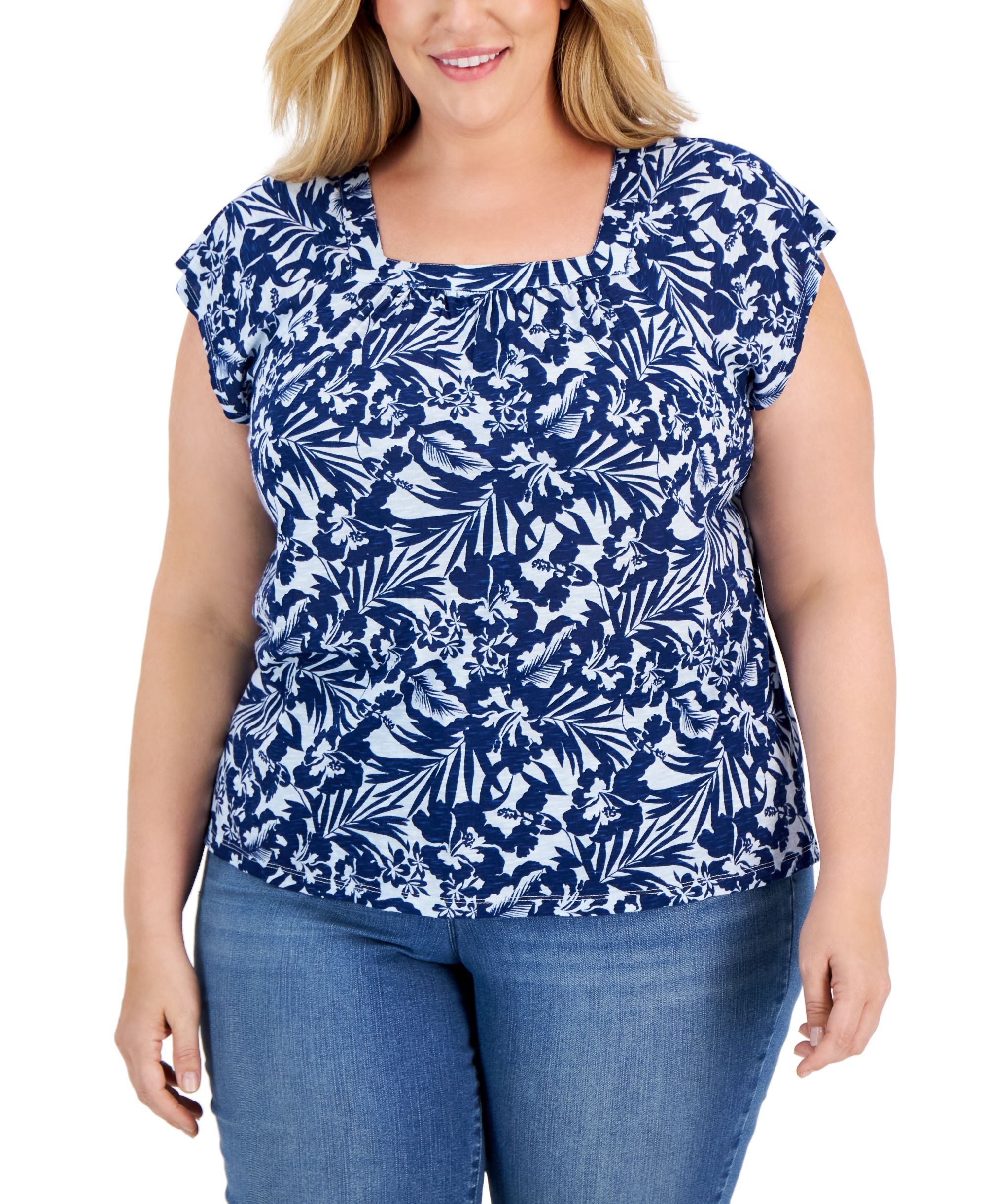 Style & Co Plus Size Square Neck Flutter-Sleeve Premium Top