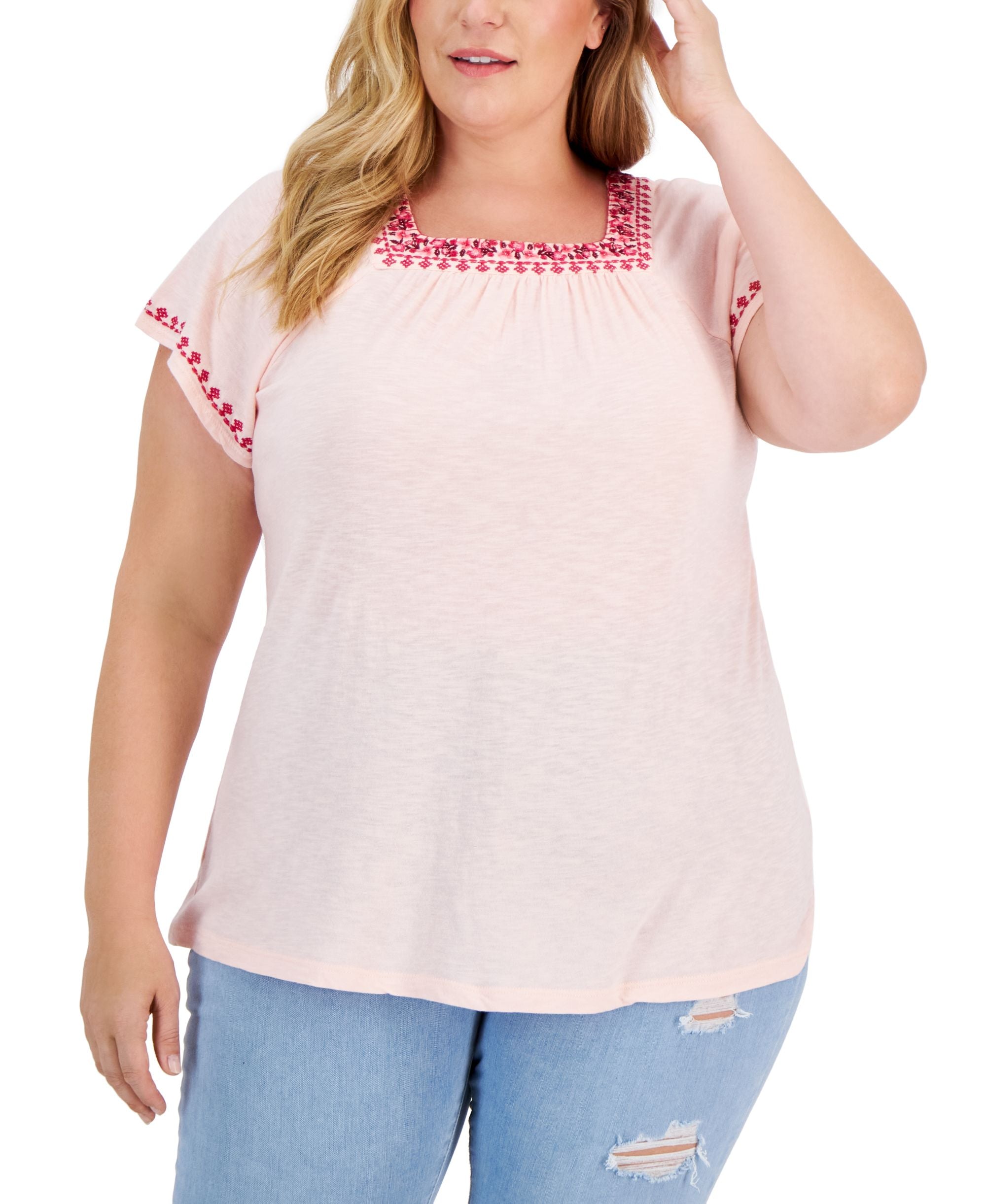 Style & Co Plus Size Square Neck Flutter-Sleeve Premium Top
