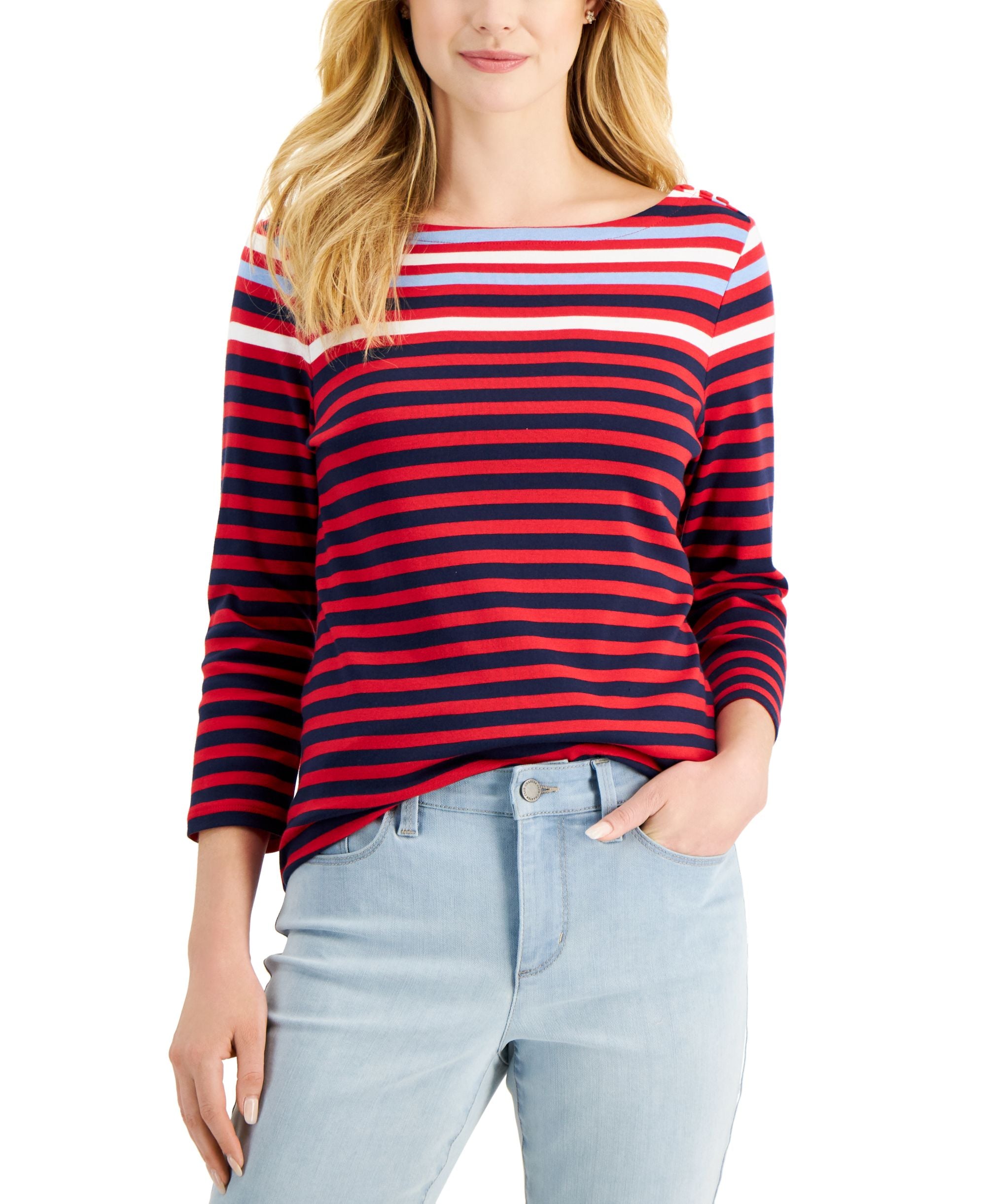 Charter Club Womens Printed Boat Neck 3/4 Sleeve Premium Top