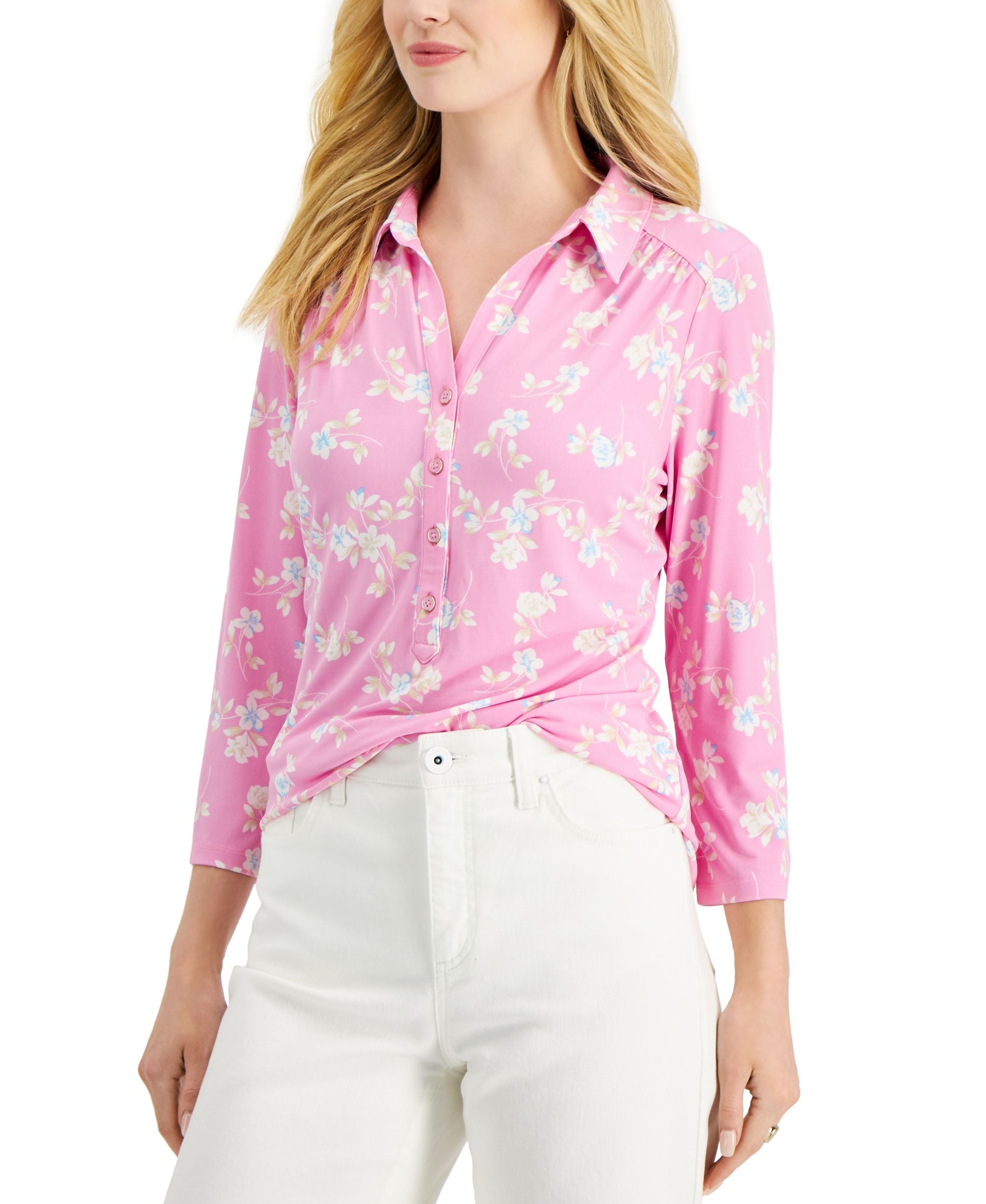 Charter Club Floral Print 3/4 Sleeve Knit Premium Top