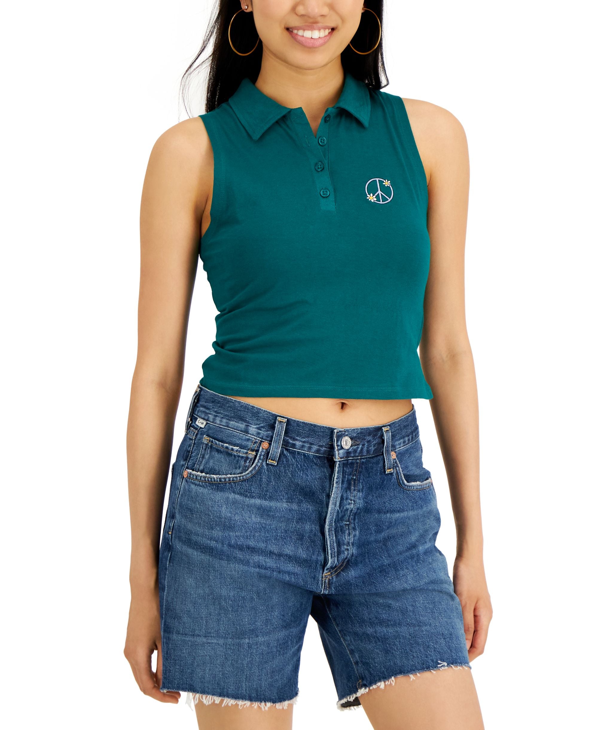 Juniors' Cotton Embroidered Polo Tank Premium Top