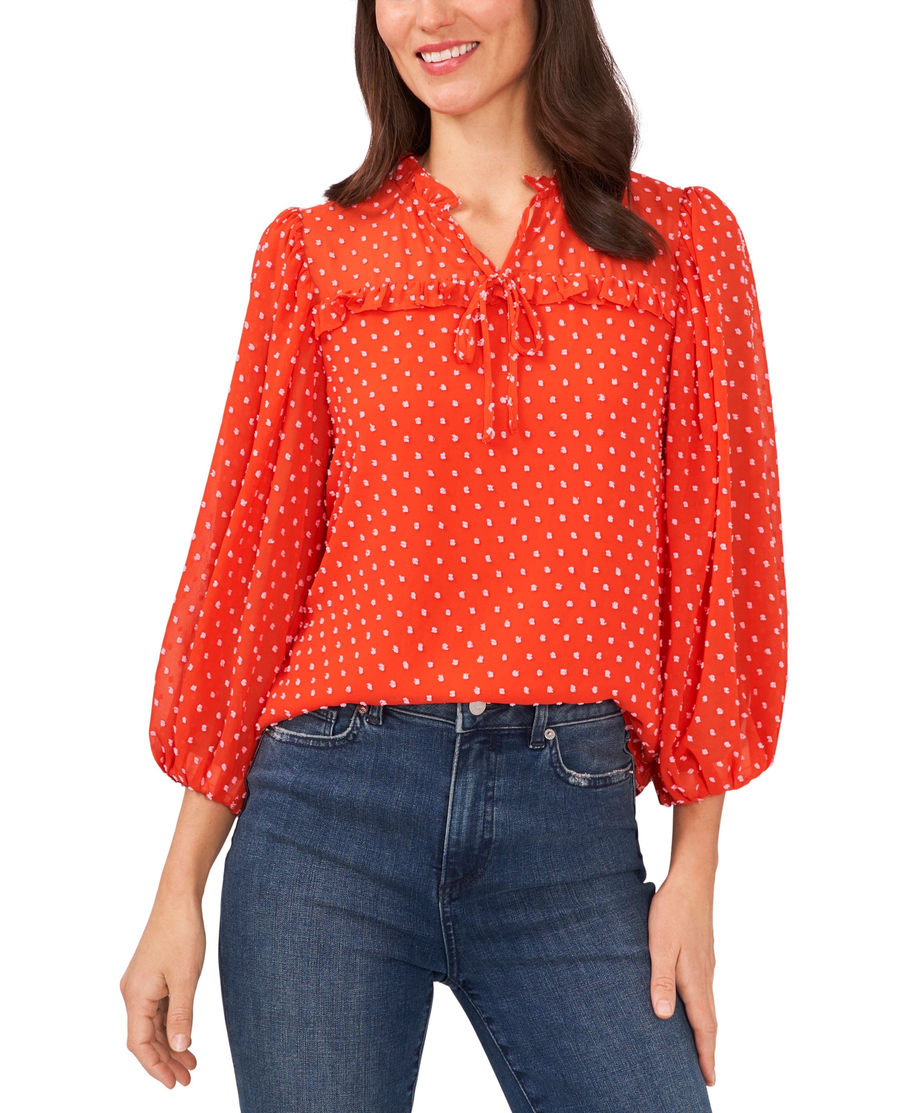 Women's Long-Sleeve Contrast Clip-Dot Pleated Signature Blouse
