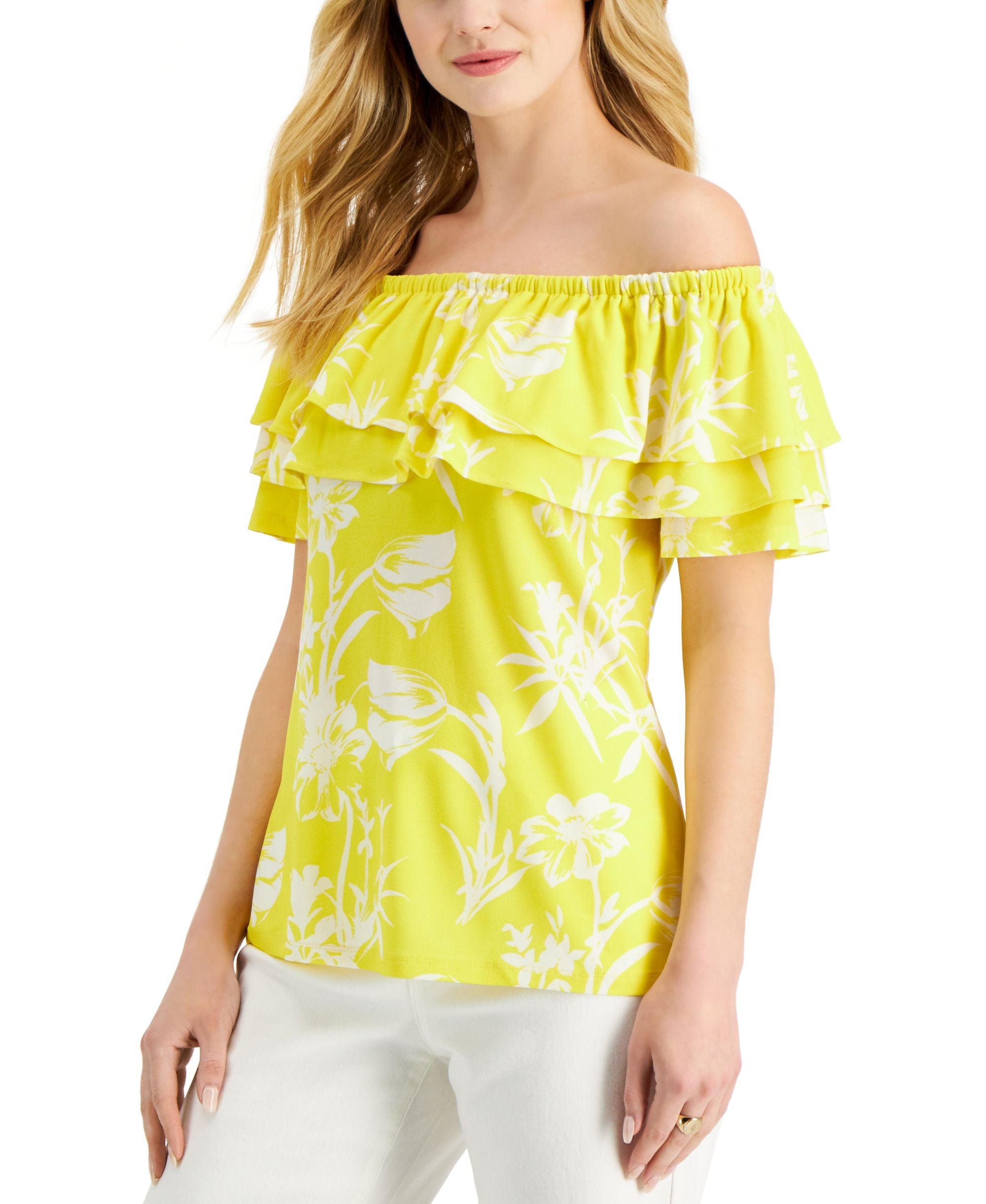 Charter Club Womens Printed Off The Shoulder Ruffled Knit Premium Top
