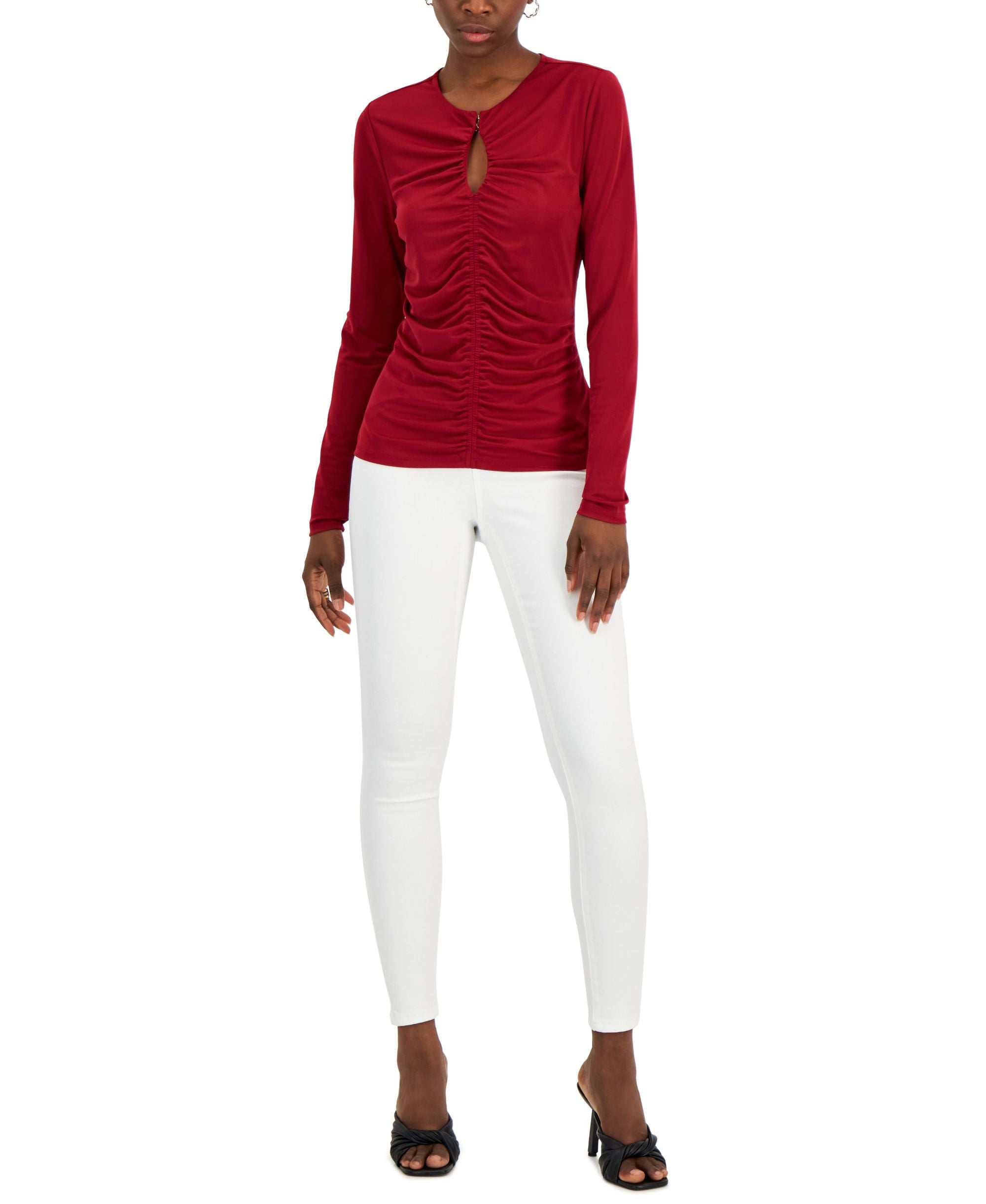 INC International Concepts Womens Solid Ruched Front Keyhole Knit Premium Top
