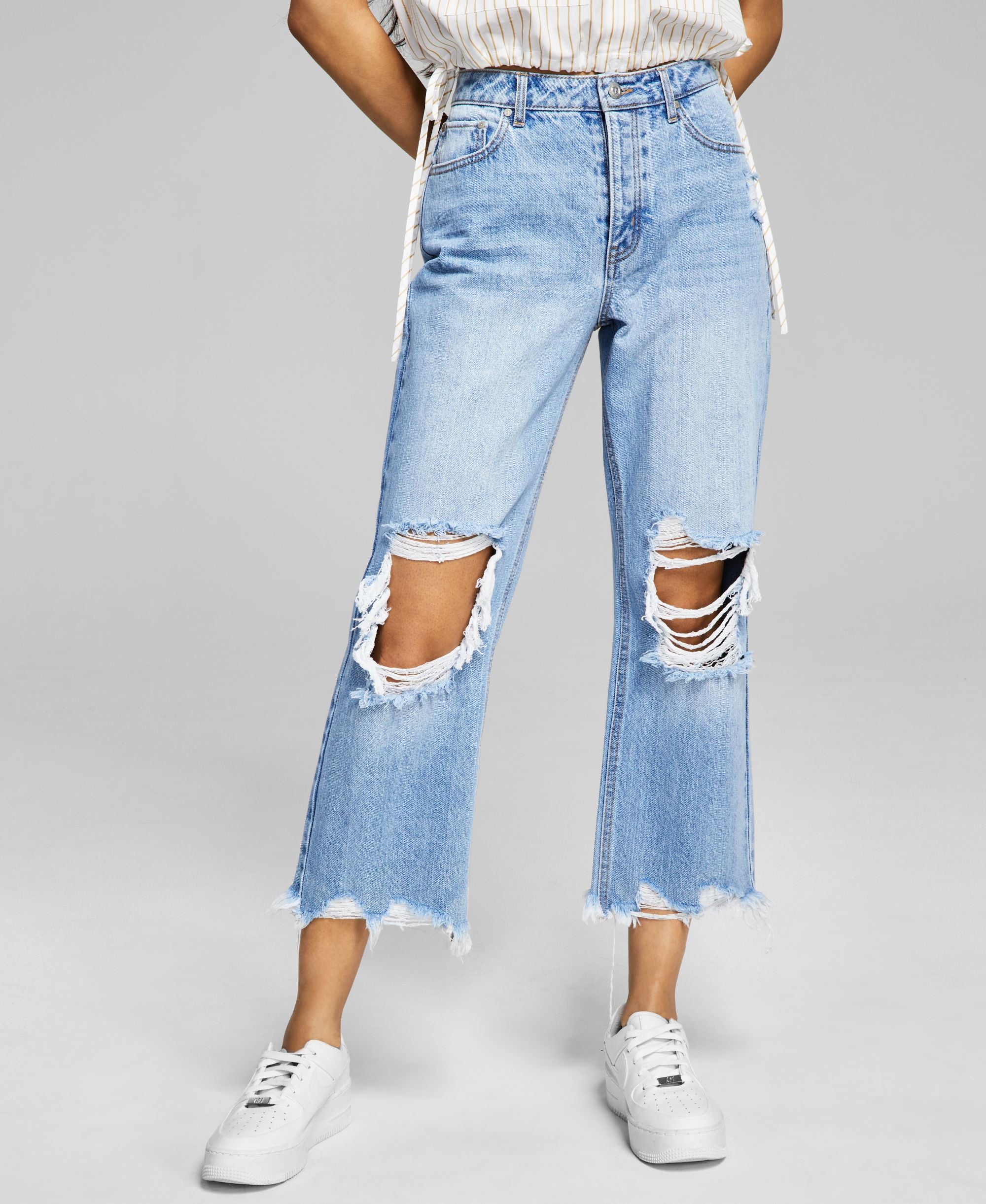 Now This Womens Cotton Ripped Cropped Wide-Leg Premium Jeans