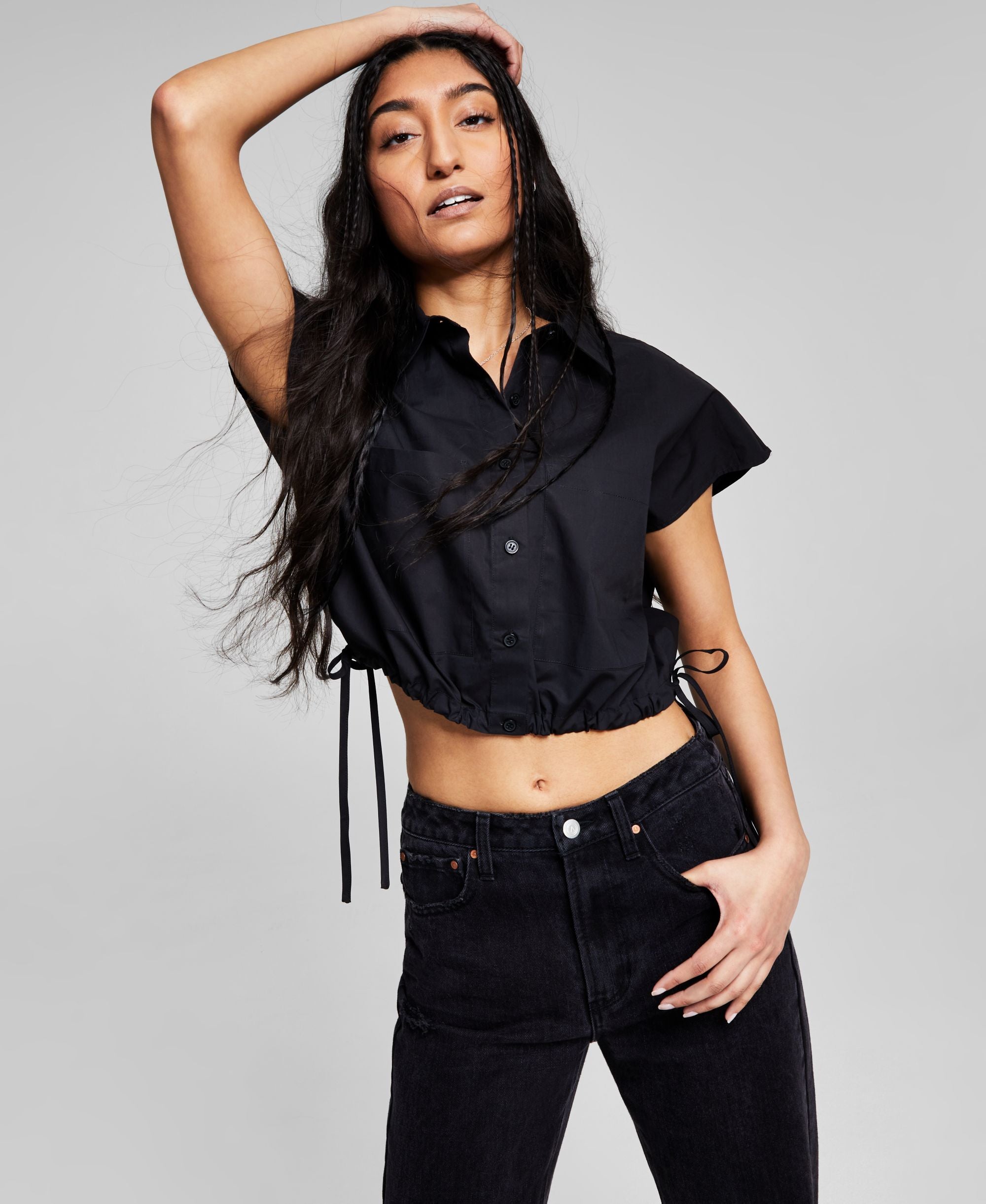 Now This Womens Striped Button-Front Cotton Premium Top