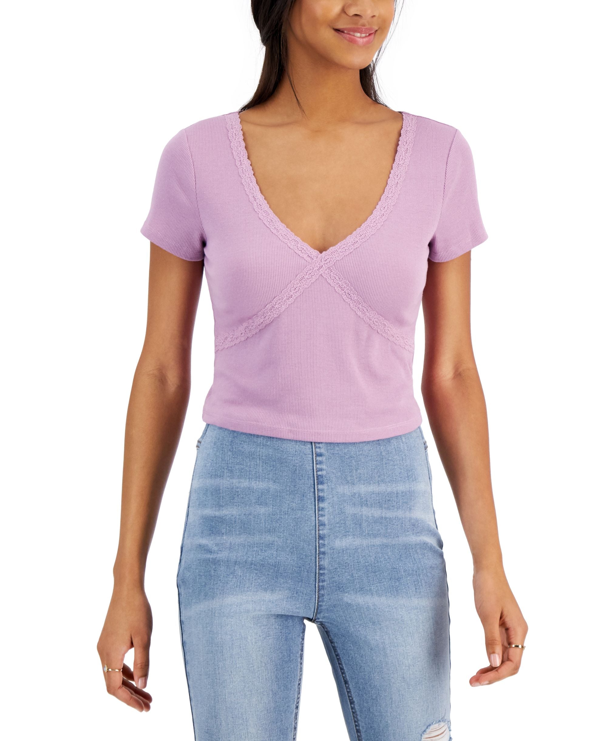 Juniors' Lace-Trim Ribbed T-Modern Shirt