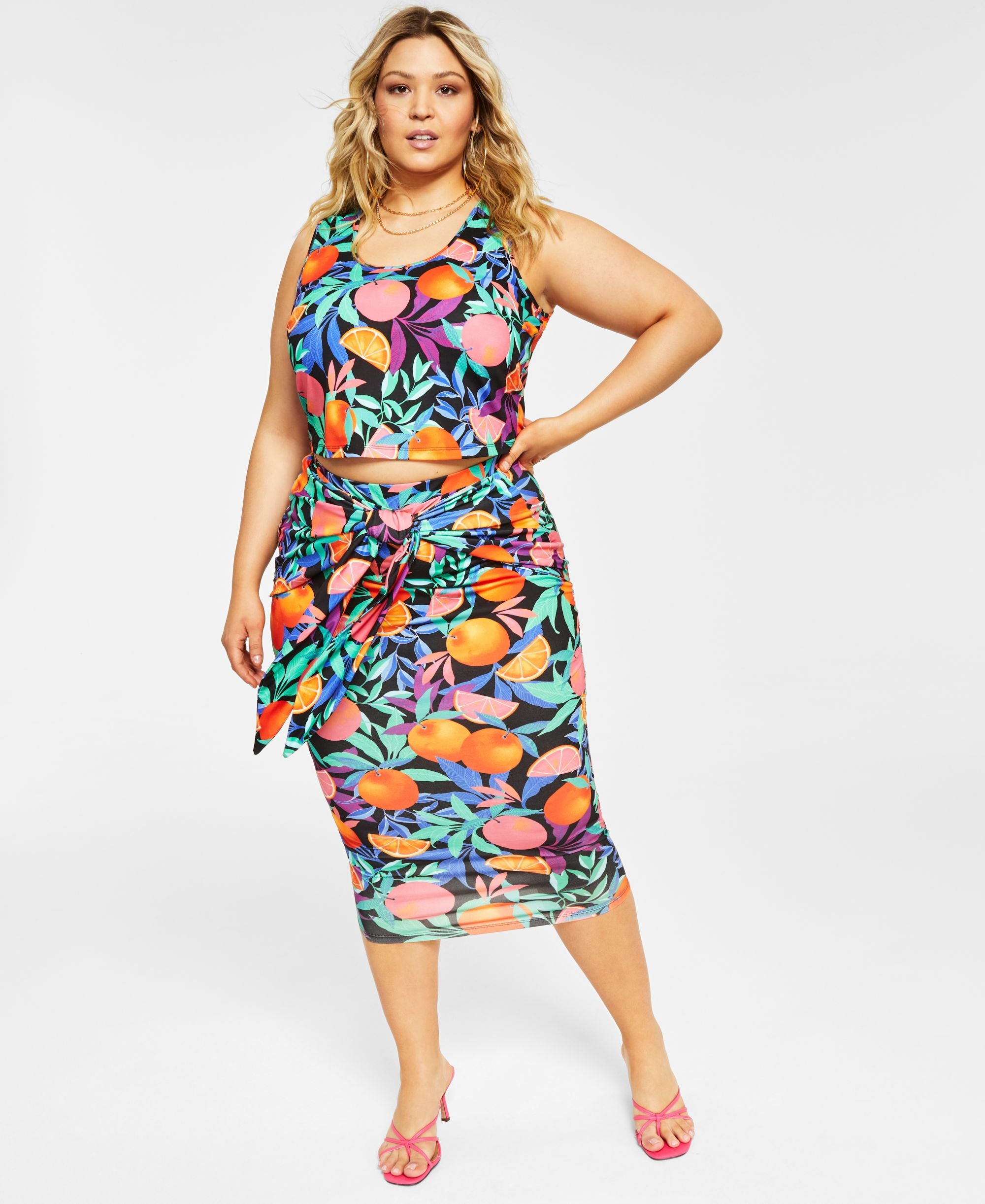 Nina Parker Modern Plus Size Printed Tie Front Midi Modern Skirt