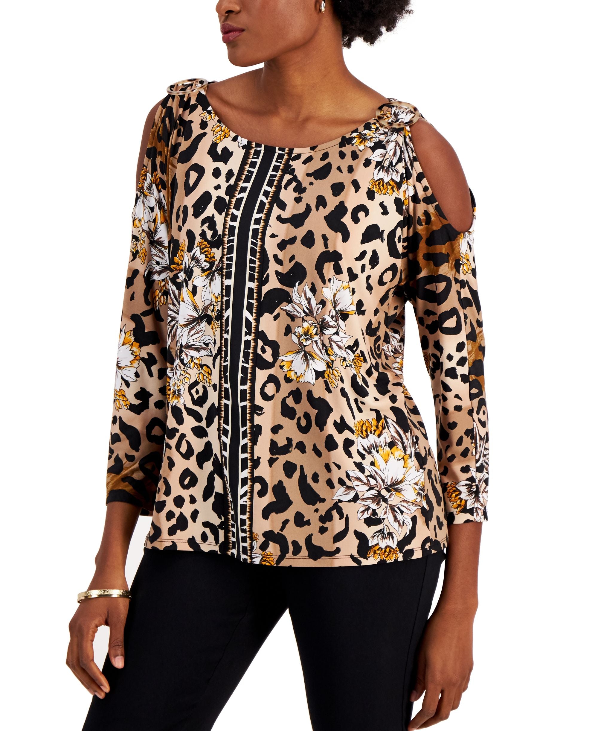 JM Collection Womens Cheetah Garden Cold Shoulder Premium Top