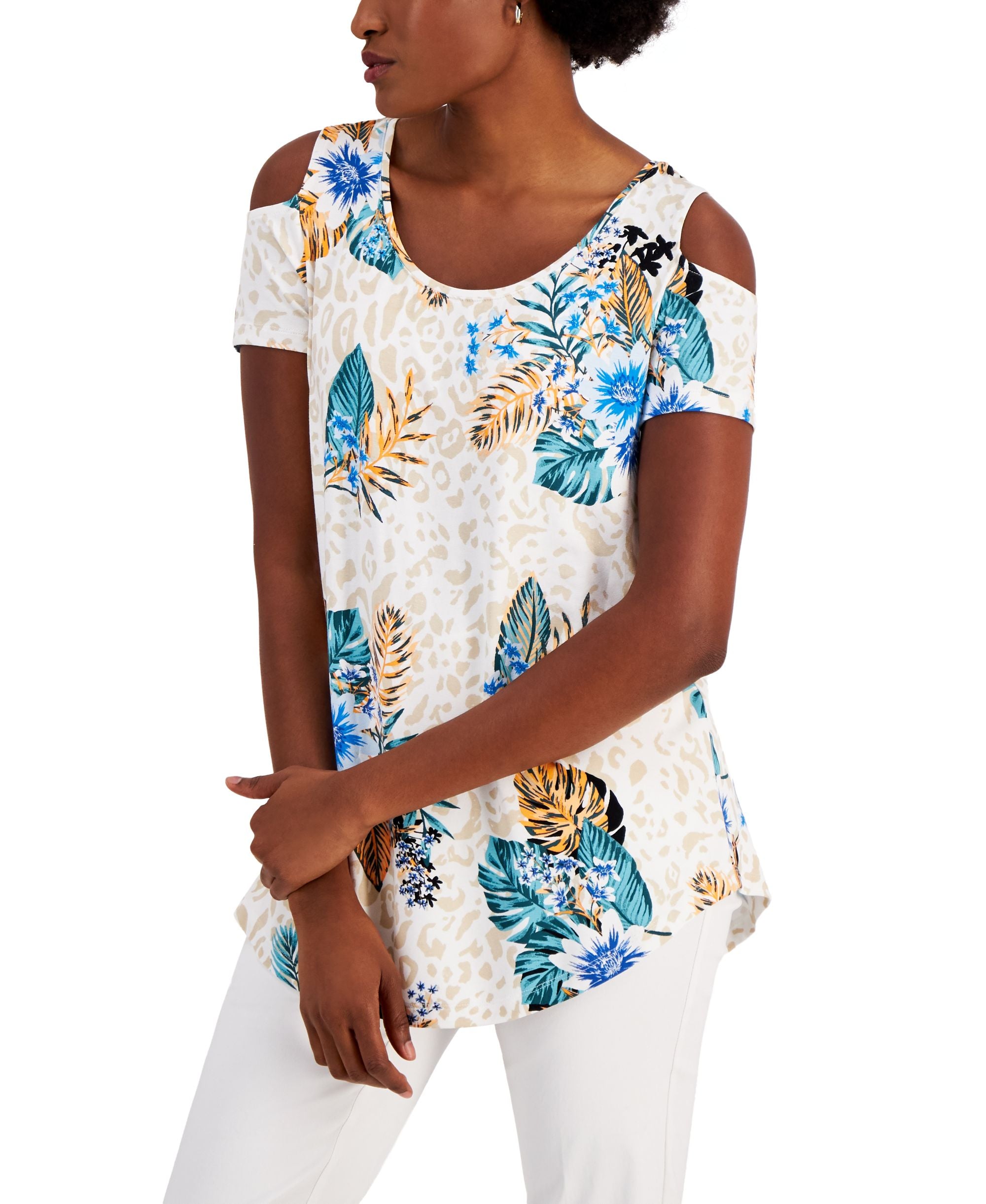 JM Collection Womens Tropical Wilderness Cold Shoulder Premium Top