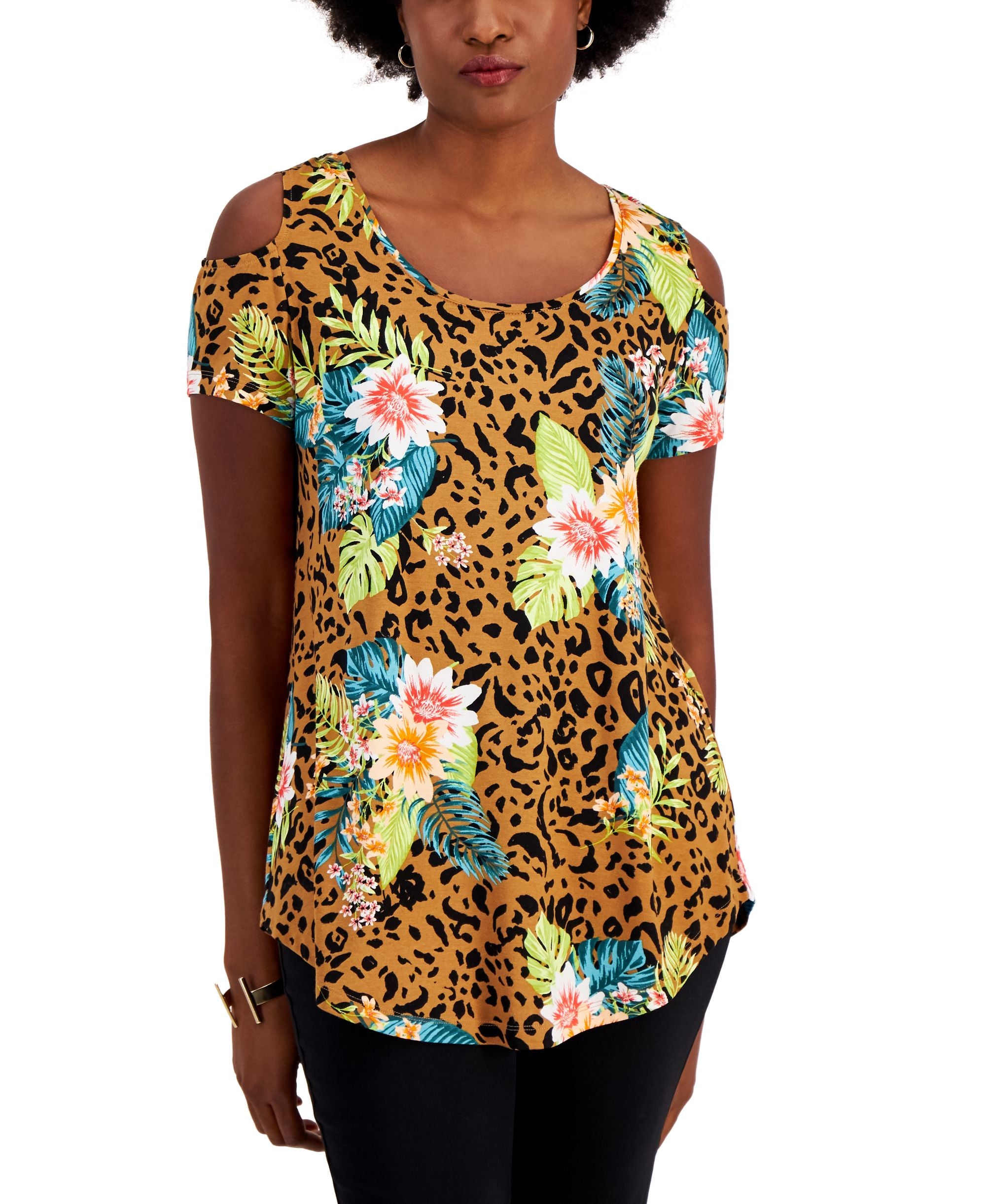 JM Collection Womens Tropical Wilderness Cold Shoulder Premium Top