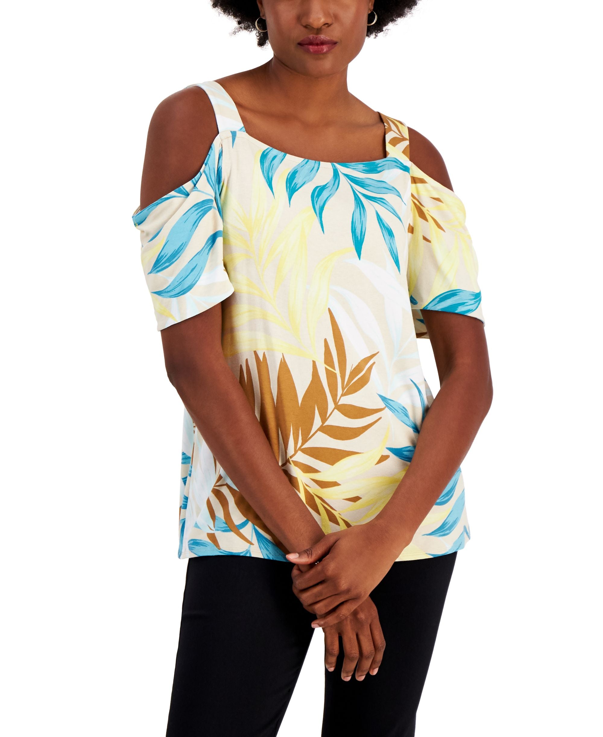 JM Collection Womens Fern Map Cold Shoulder Premium Top