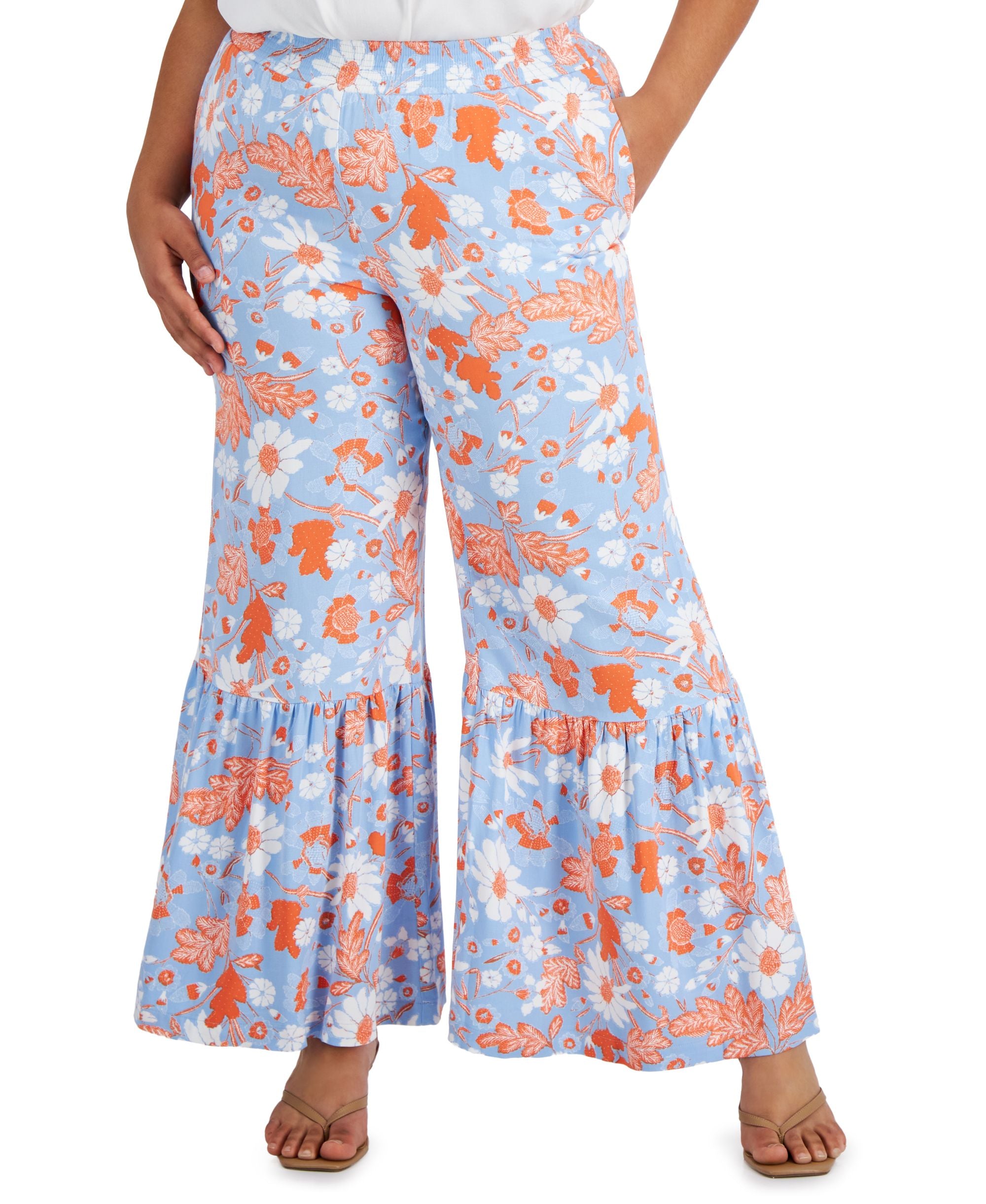 INC International Concepts Plus Size Tiered Flounce Hem Comfort-Waist Signature Pants