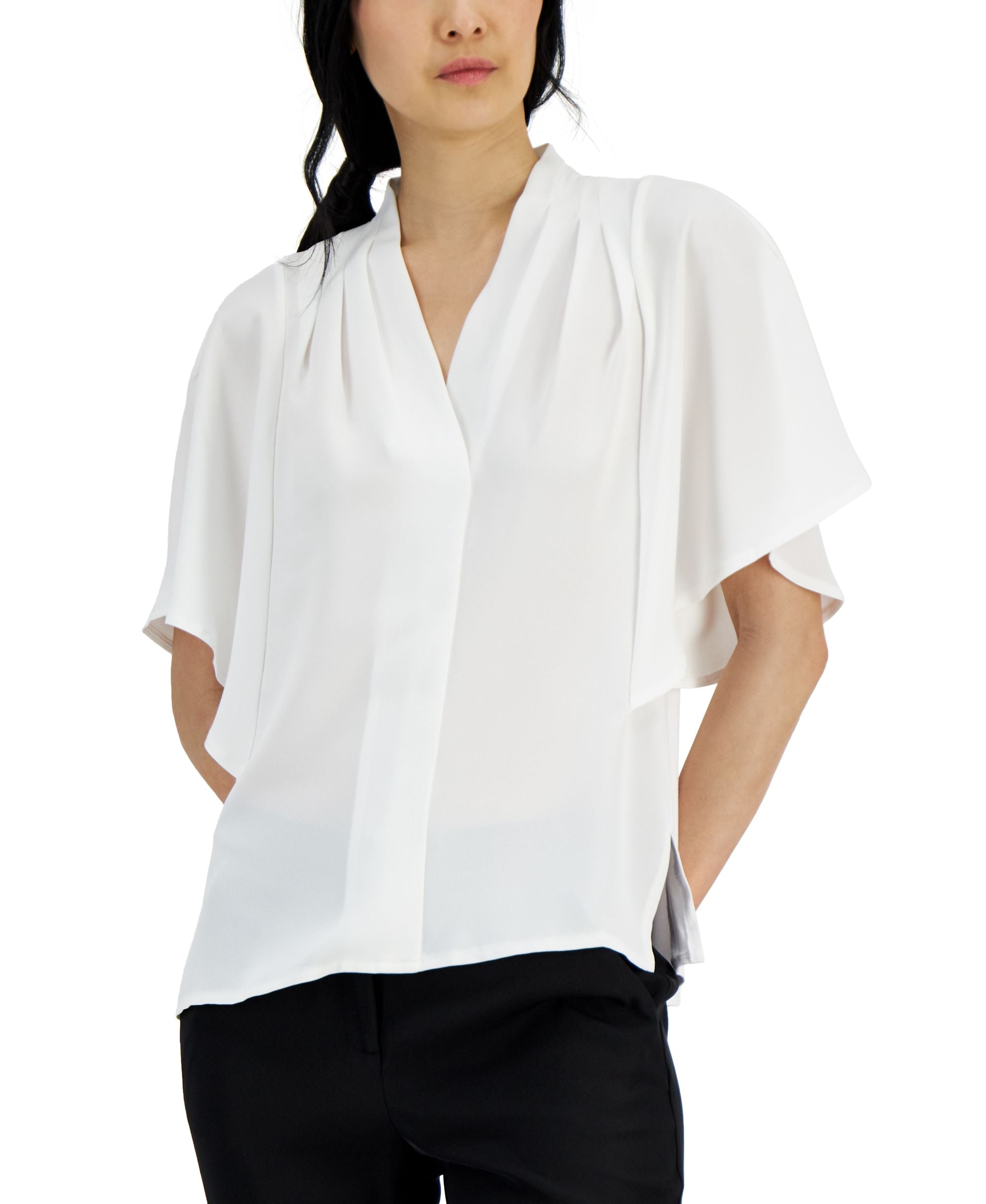Alfani Womens Mixed Media Flutter-Sleeve Premium Top