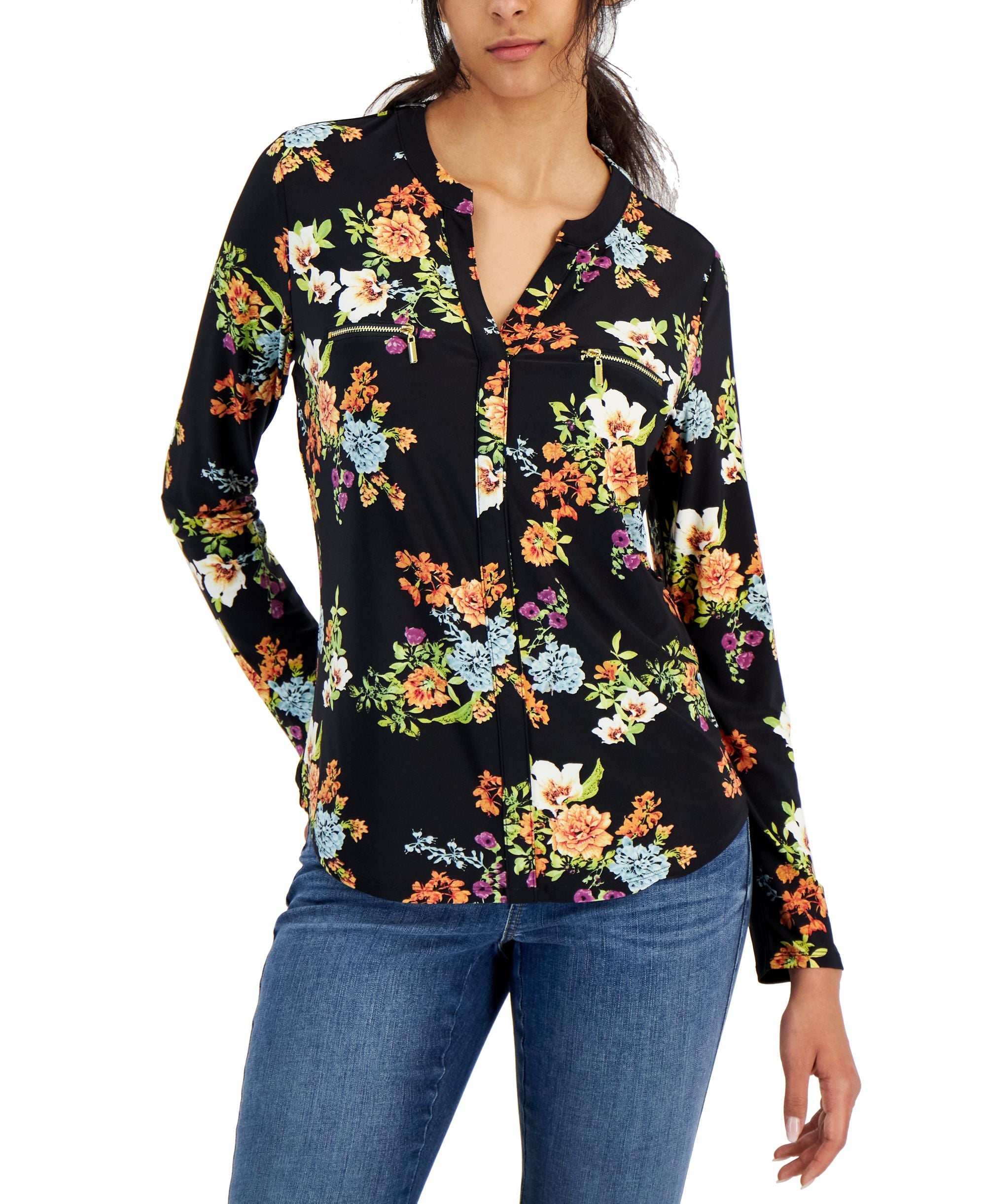 International Concepts Womens Print Zip Pocket Premium Top In
