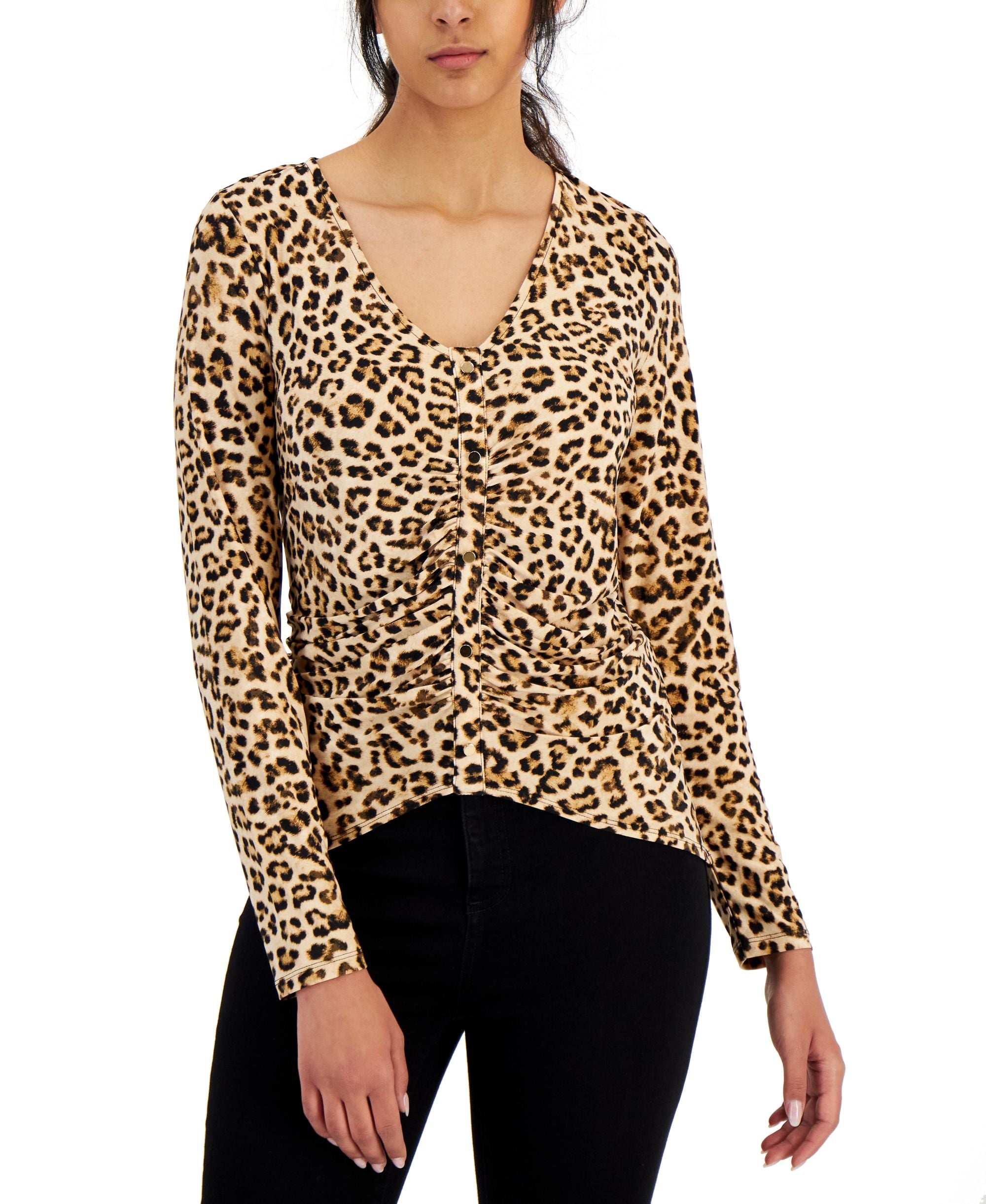Women's Leopard Ruched-Front Premium Top