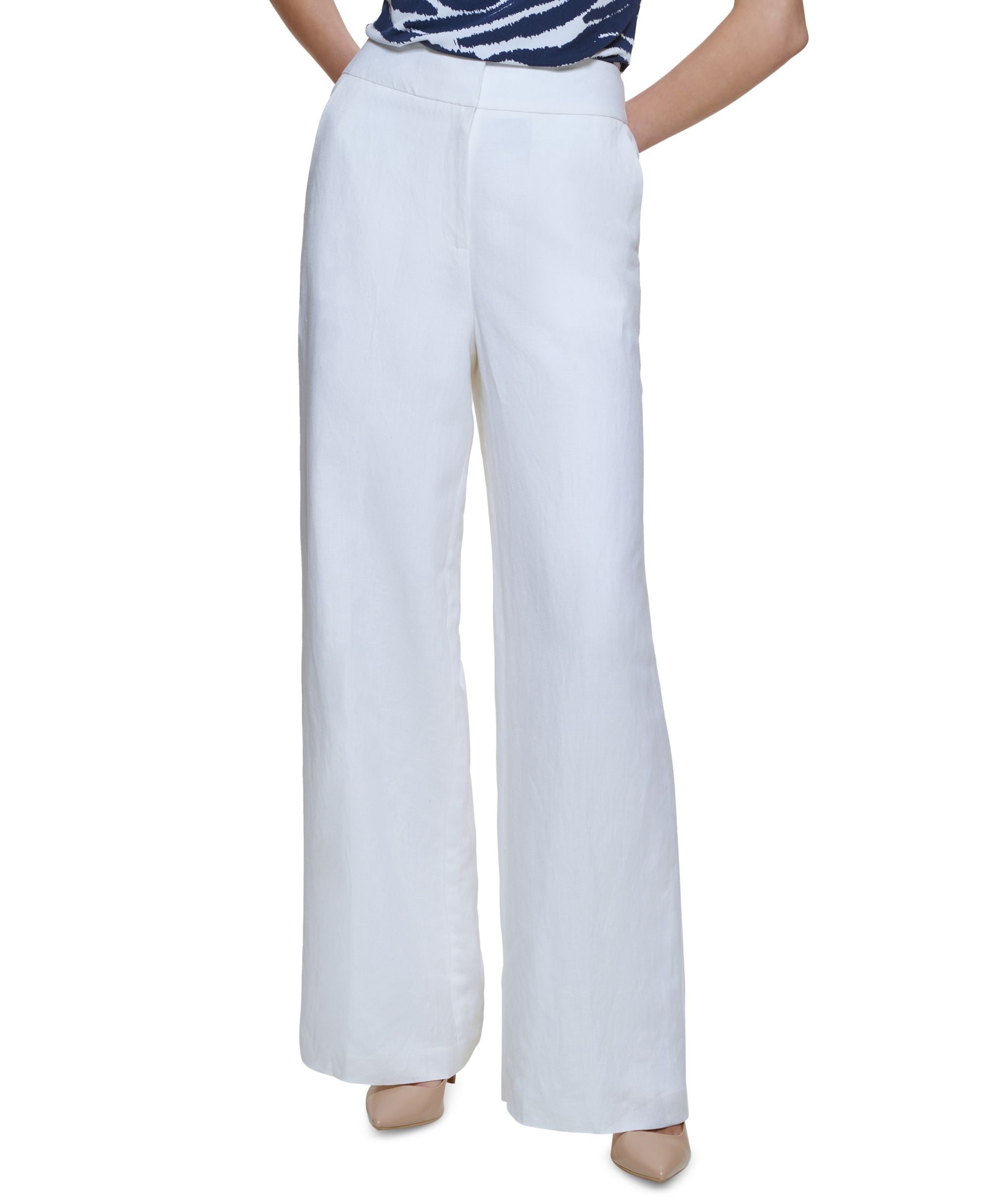 Calvin Klein Womens Petites High Rise Knit Wide-Leg Signature Pants