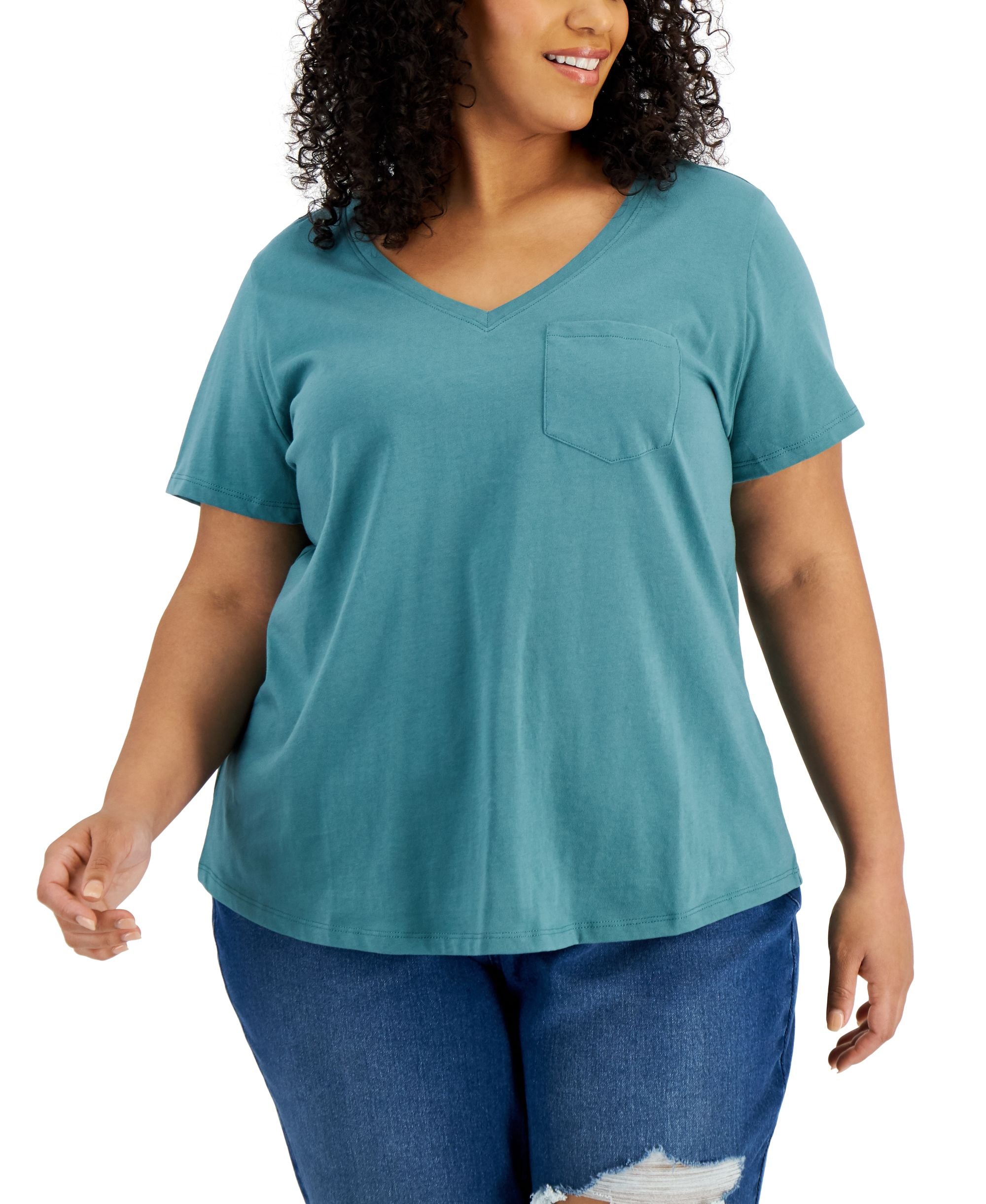Style & Co Plus Size Cotton Solid V Neck Premium Top