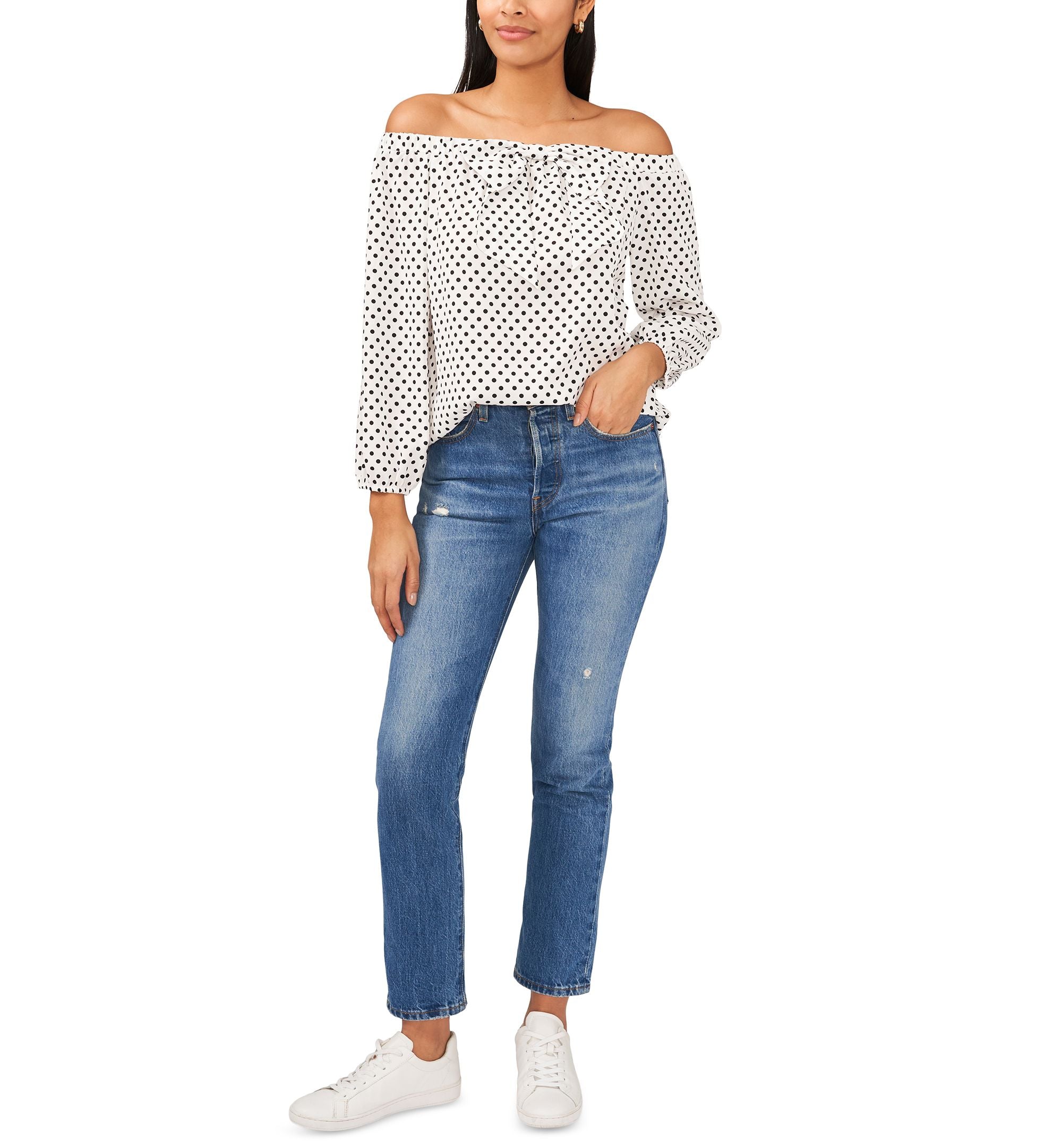 Riley Rae Womens Dot Print Off The Shoulder Bow Signature Blouse