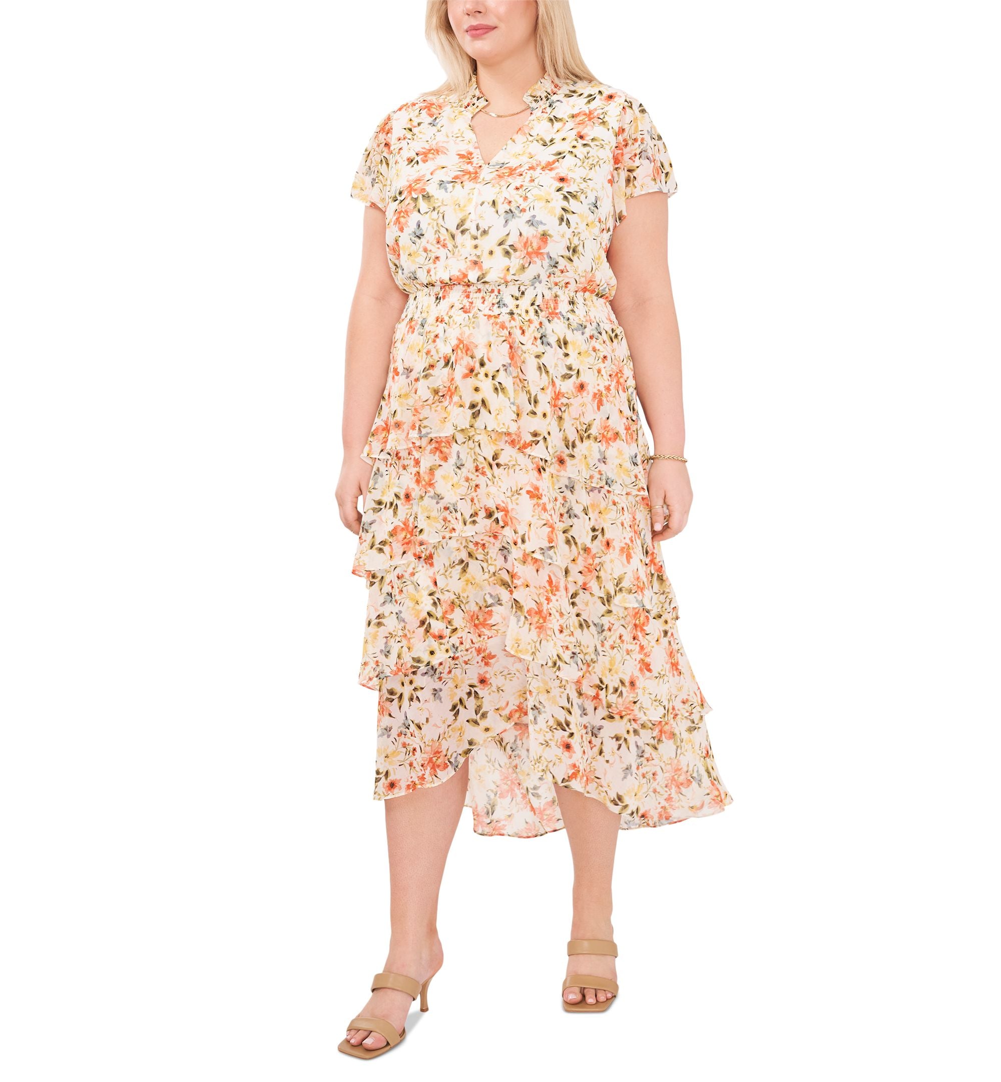 1.State Modern Plus Size Printed Tiered Flounce Ruffle Maxi Dress