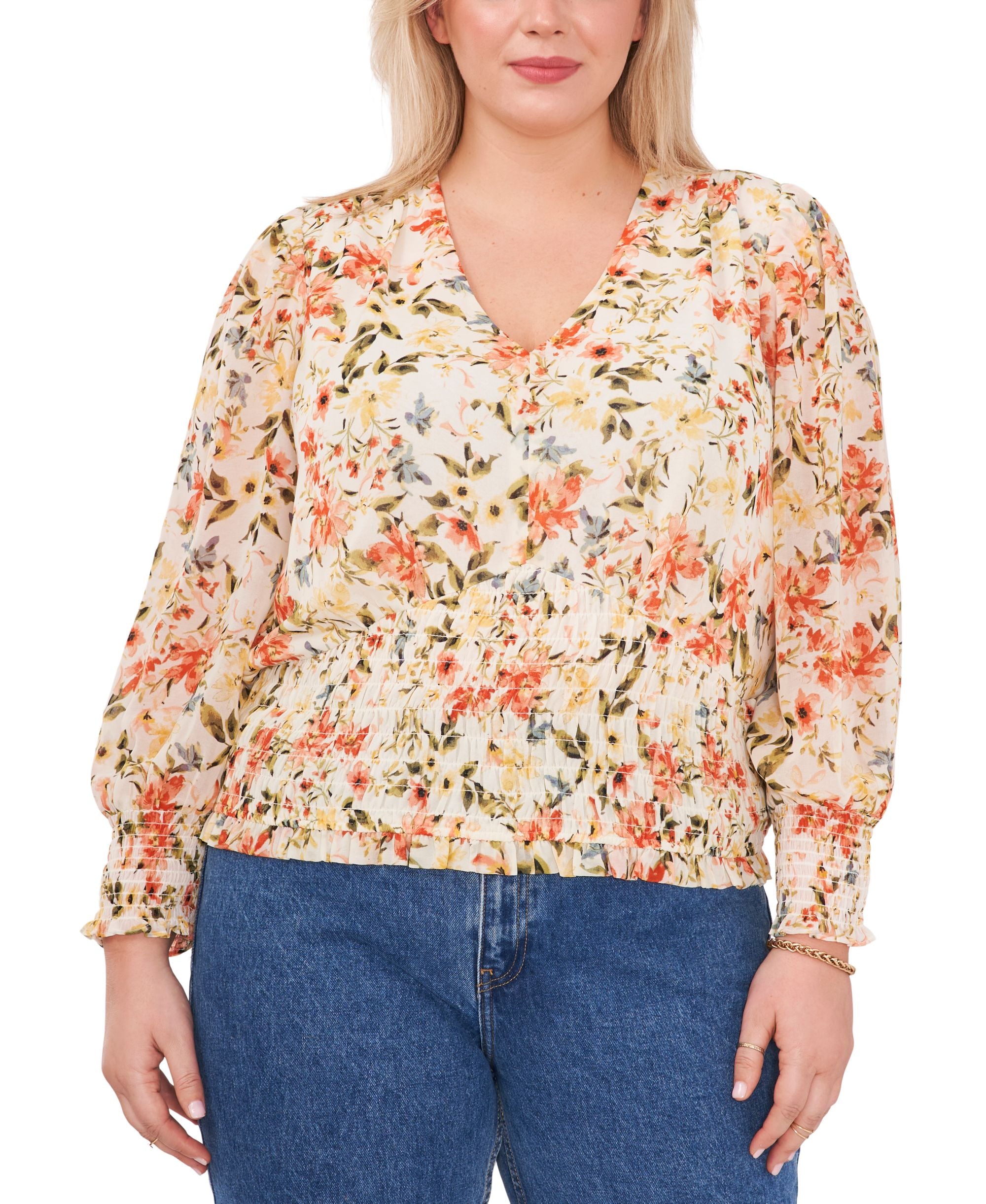 1.State Modern Plus Size Printed Smocked Waist Premium Top