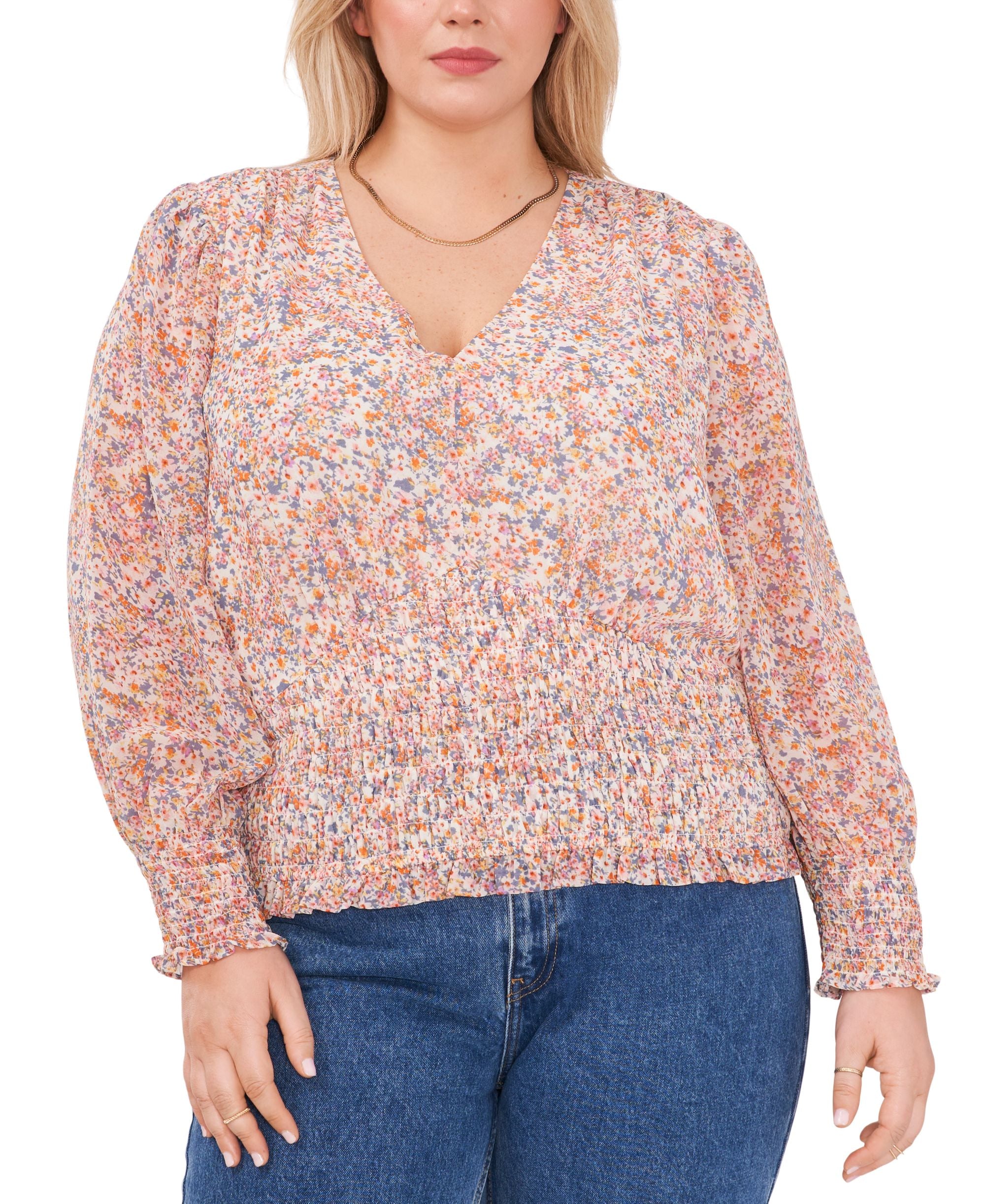 1.State Modern Plus Size Printed Smocked Waist Premium Top