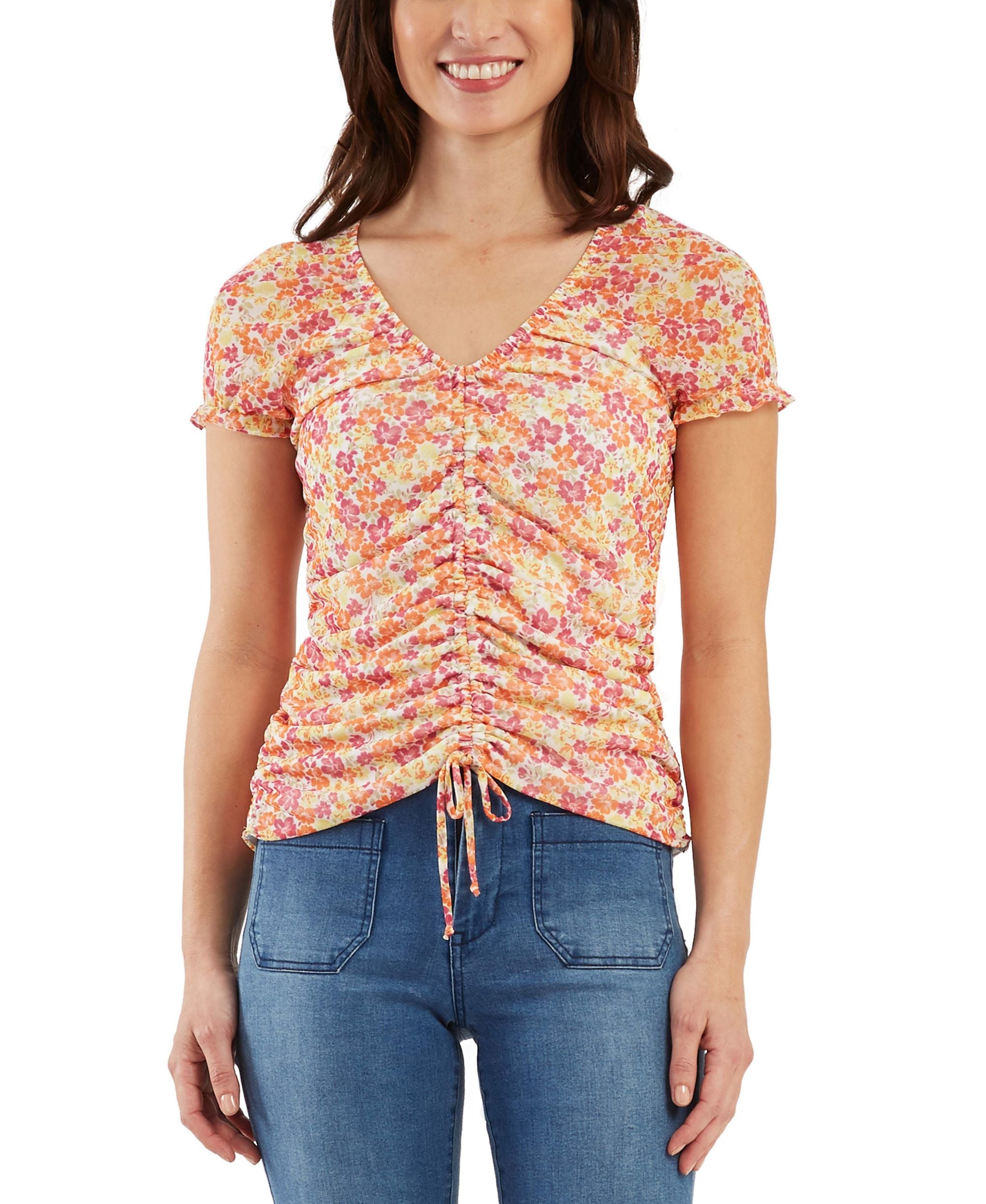 Juniors' Drawstring-Front Cap-Sleeve Premium Top