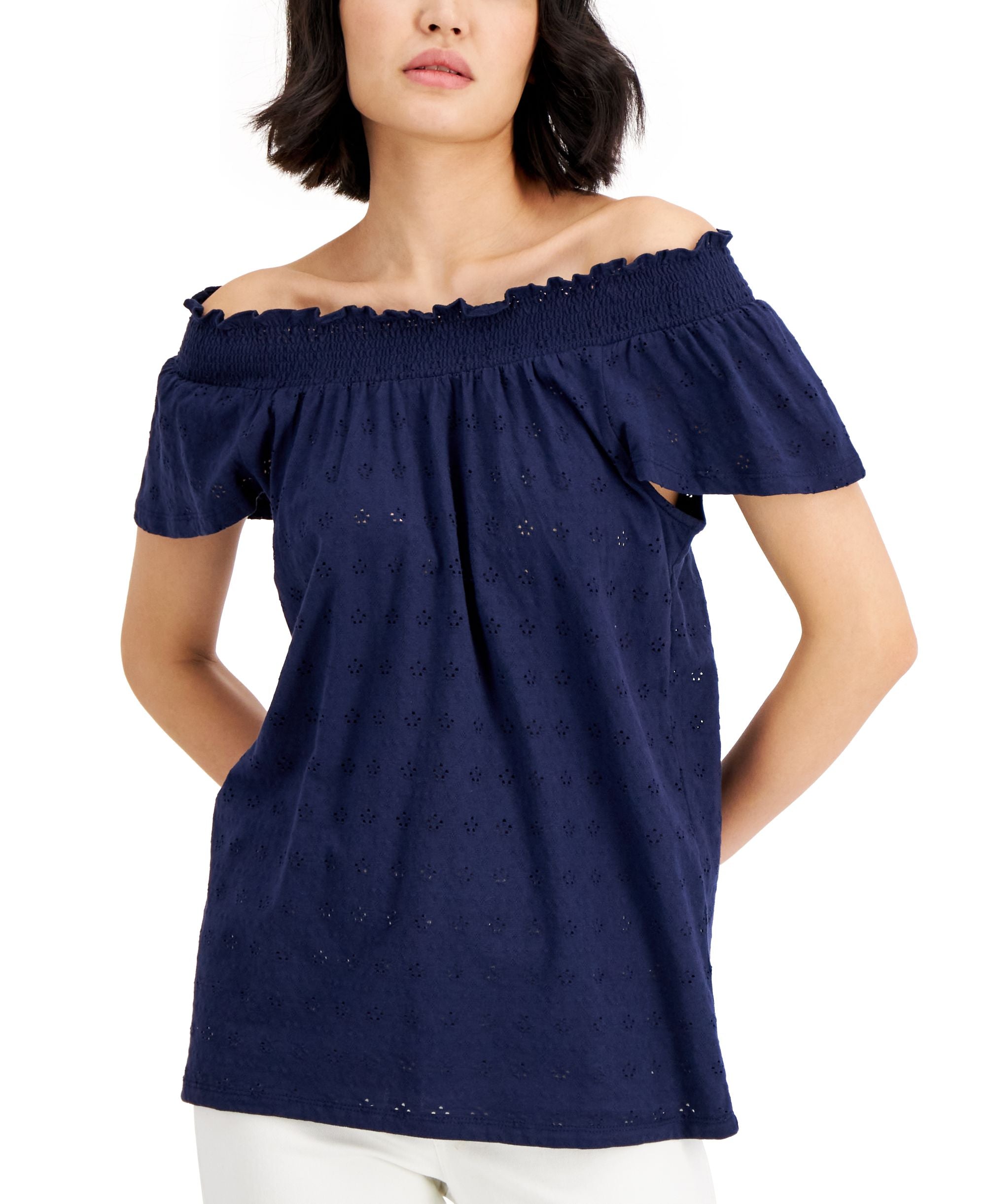 Charter Club Cotton Flutter-Sleeve Eyelet Premium Top