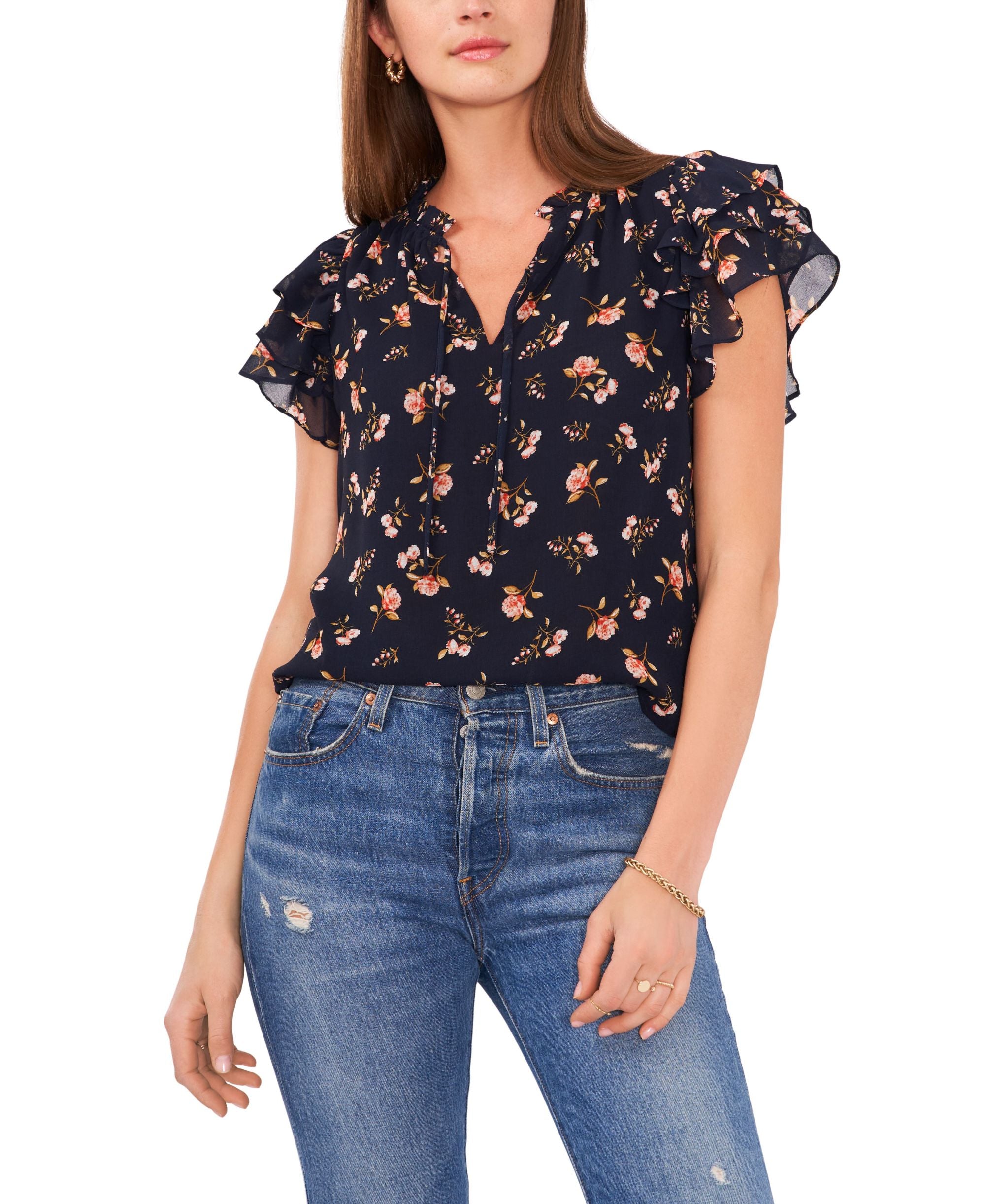 Floral Print Flutter-Sleeve Premium Top