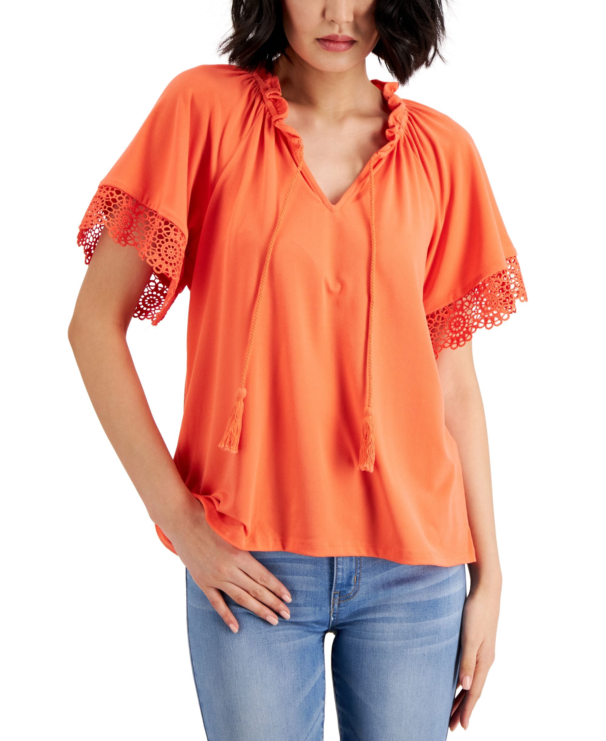 Charter Club Womens Tie Neck Eyelet Trim Premium Top